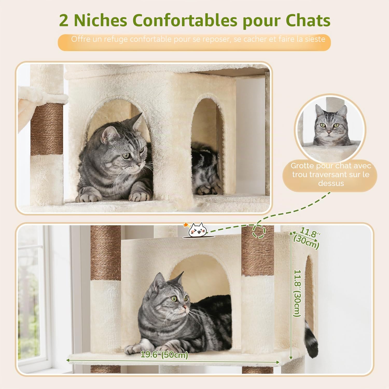Globlazer Arbre à Chat Beige XXL Grand 204 cm avec 2 Immense Rembourrés Plateforme 50*30CM, 2 Grand Niches, 3 Doux Paniers, Planche Sisal, Stable Arbres a Chats pour 3-5 Chats Intérieur (S80G, Beige)