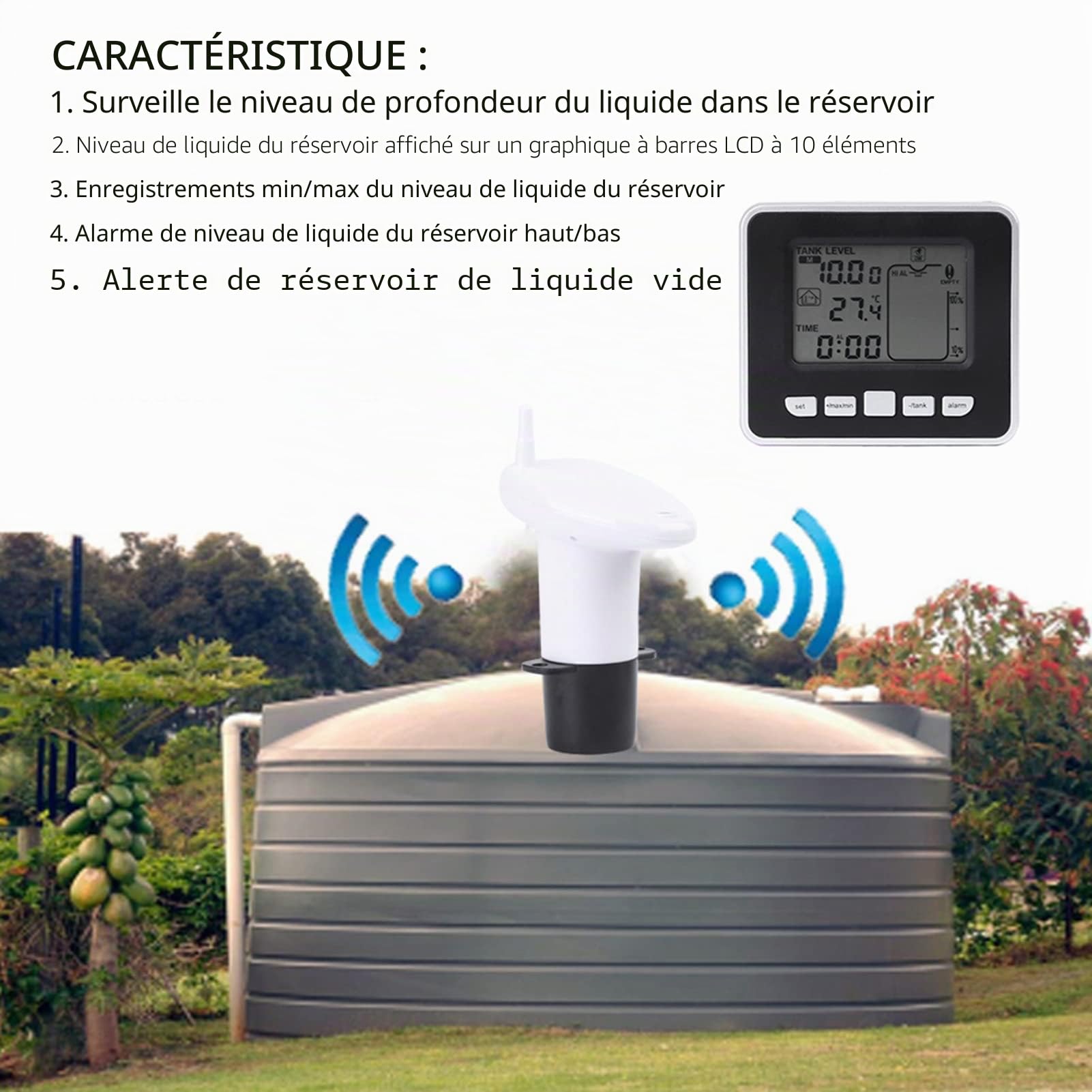 Capteur de Niveau de Profondeur de Liquide de réservoir d'eau à ultrasons Capteur de Niveau à ultrasons d'alarme Haute/Basse Vide et d'alerte avec température intérieure du réservoir