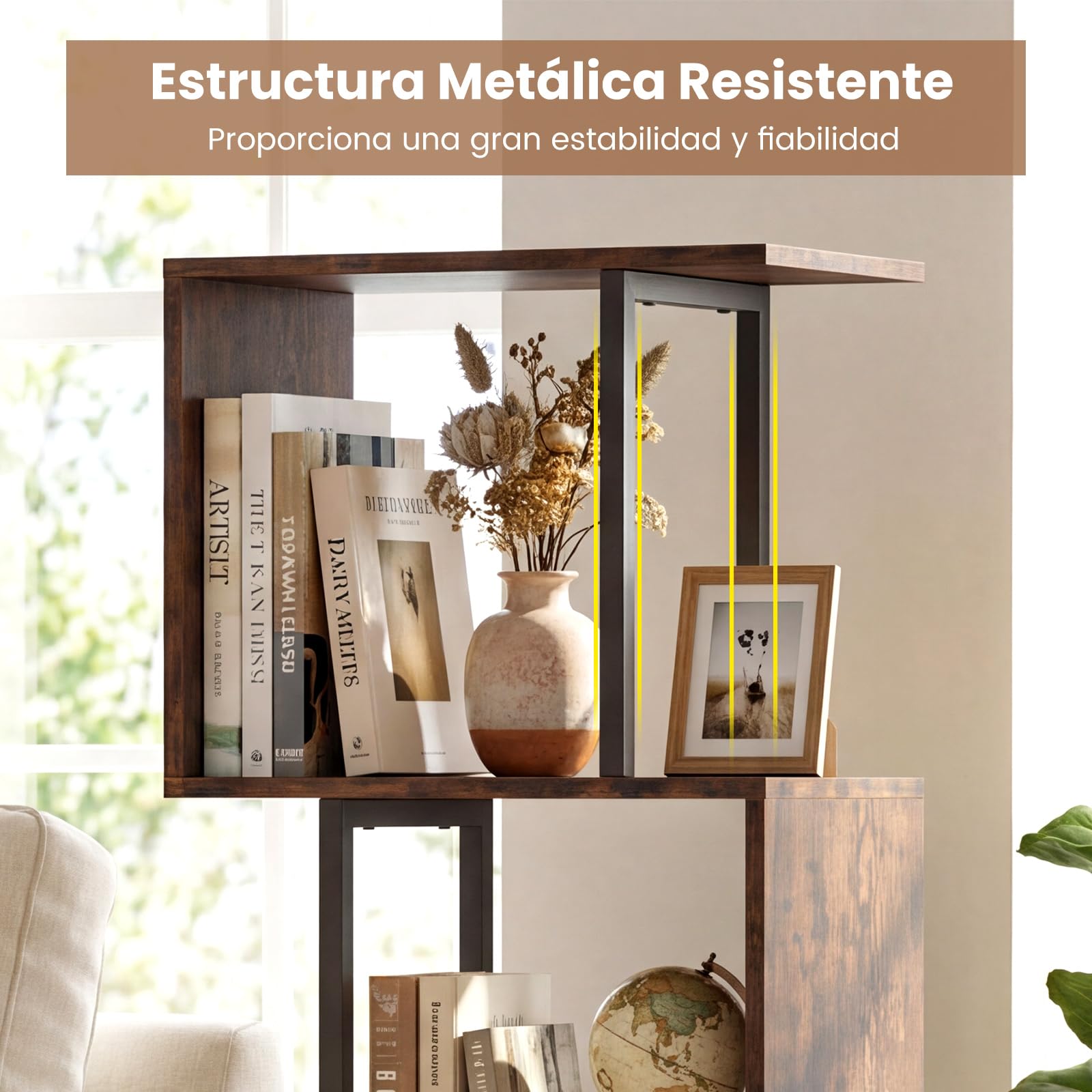 COSTWAY Estantería de 6 Niveles, Librería Geométrica con 6 Estantes Abiertos de Exhibición y Almacenamiento, Marco Metálico, Organizador Independiente de Madera Industrial para Salón Estudio Oficina