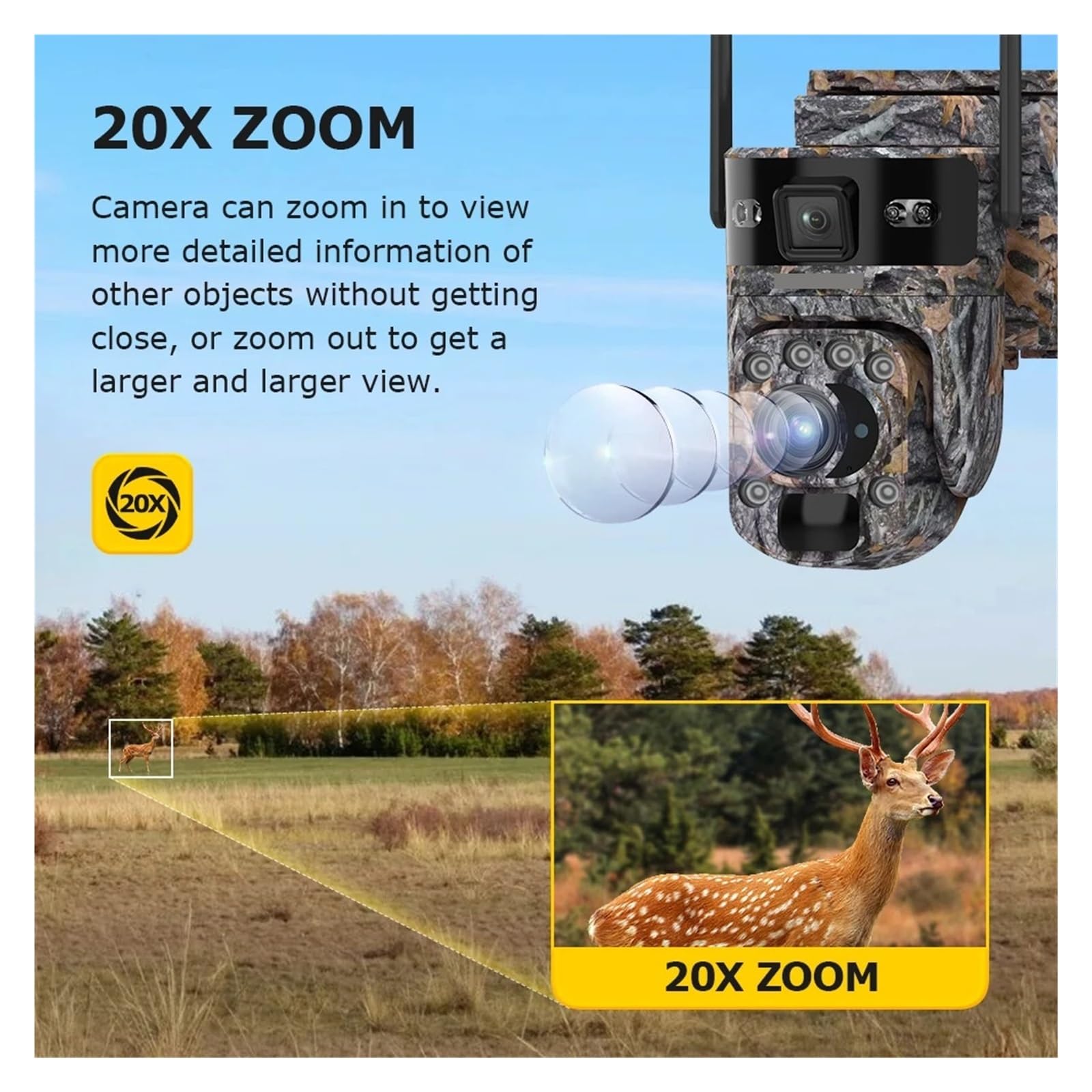 Cámara Solar de 12MP con Zoom óptico 20X, 4G/WiFi, cámaras PTZ de Camuflaje for Exteriores, cámara de vigilancia CCTV Solar for Caza(4G No Zoom No Card)