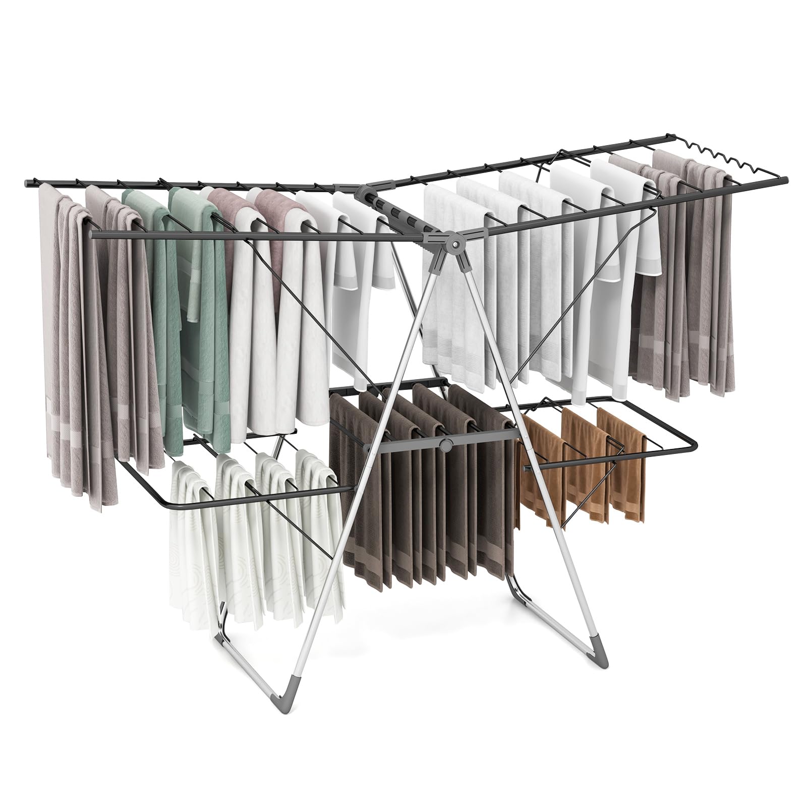 GIANTEX Stendibiancheria a 2 Livelli Pieghevole, Ali Estensibili 75-130 cm, Struttura in Acciaio con 33 Aste, Modello Autoportante per Casa e Giardino
