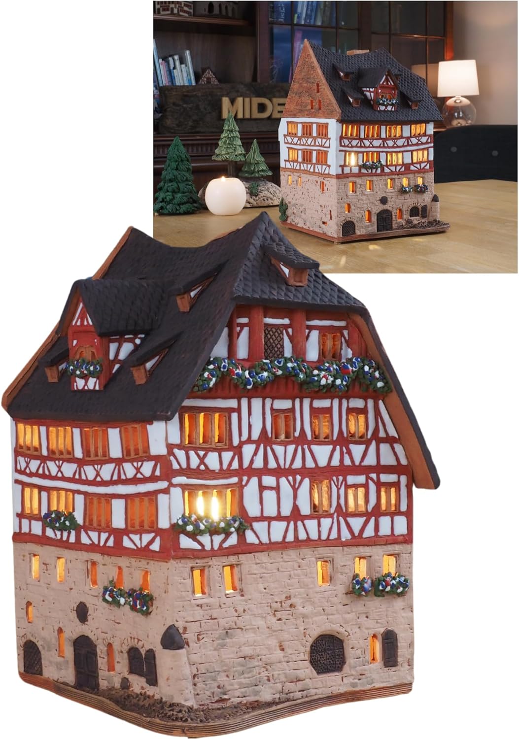 Ceramic Art Tealight Candle Holder Room Decoration Handcrafted Collectible Miniature Light House Dürer House in Nürnberg, Germany D240AR*