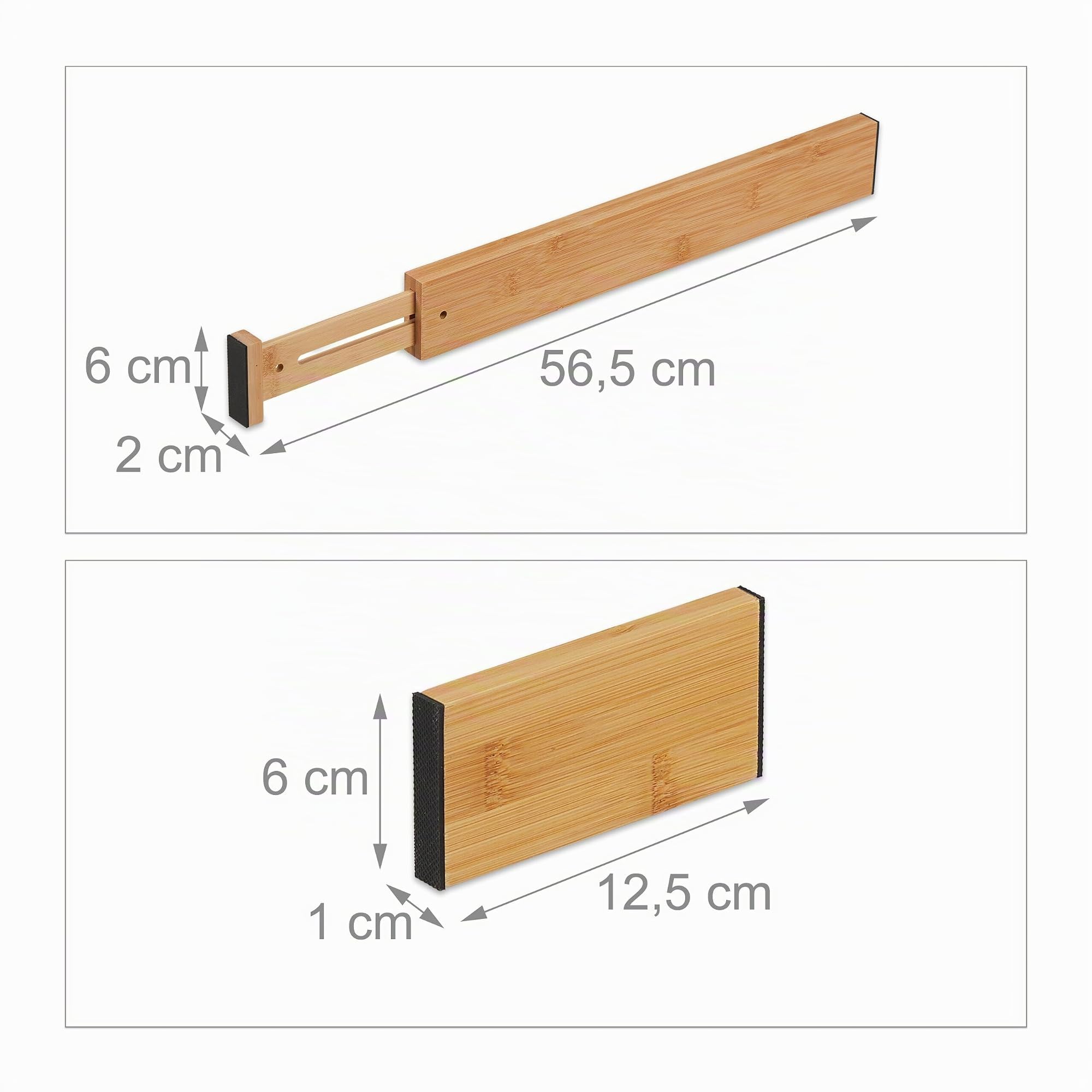 Relaxdays Pack Separadores de Cajones de Bambú XL, 6 Organizadores Ajustables 43,5 y 56,5 cm, 4 Divisores Fijos, Natural