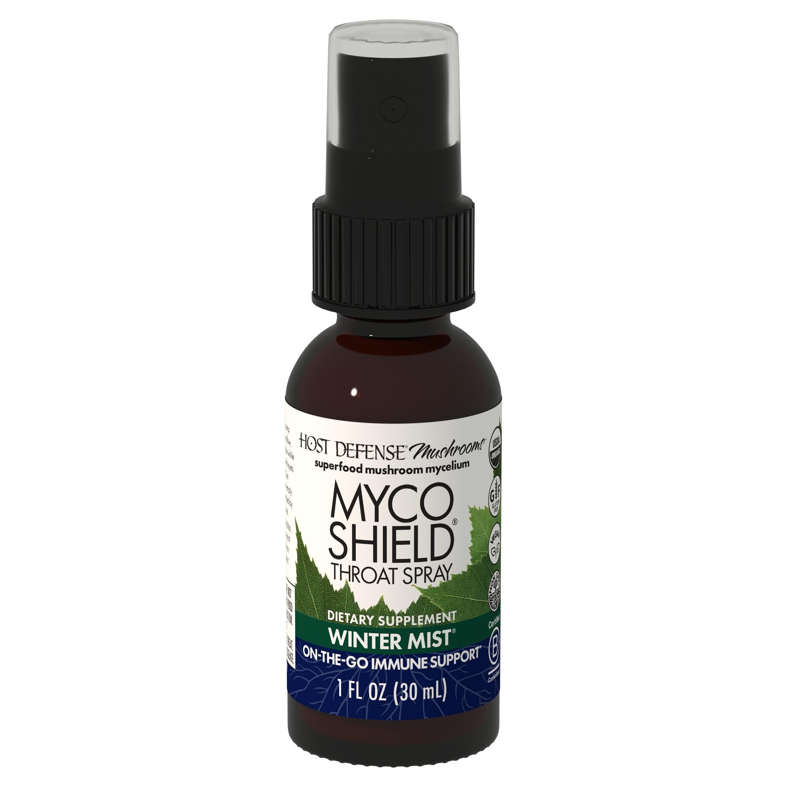 Host Defense MycoShield Throat Spray - Immune Health Support - Dietary Mushroom Supplement with Chaga, Reishi, Turkey Tail & More - On-The-Go Immune Support - Winter Mist, 1 fl oz (71 Servings)*
