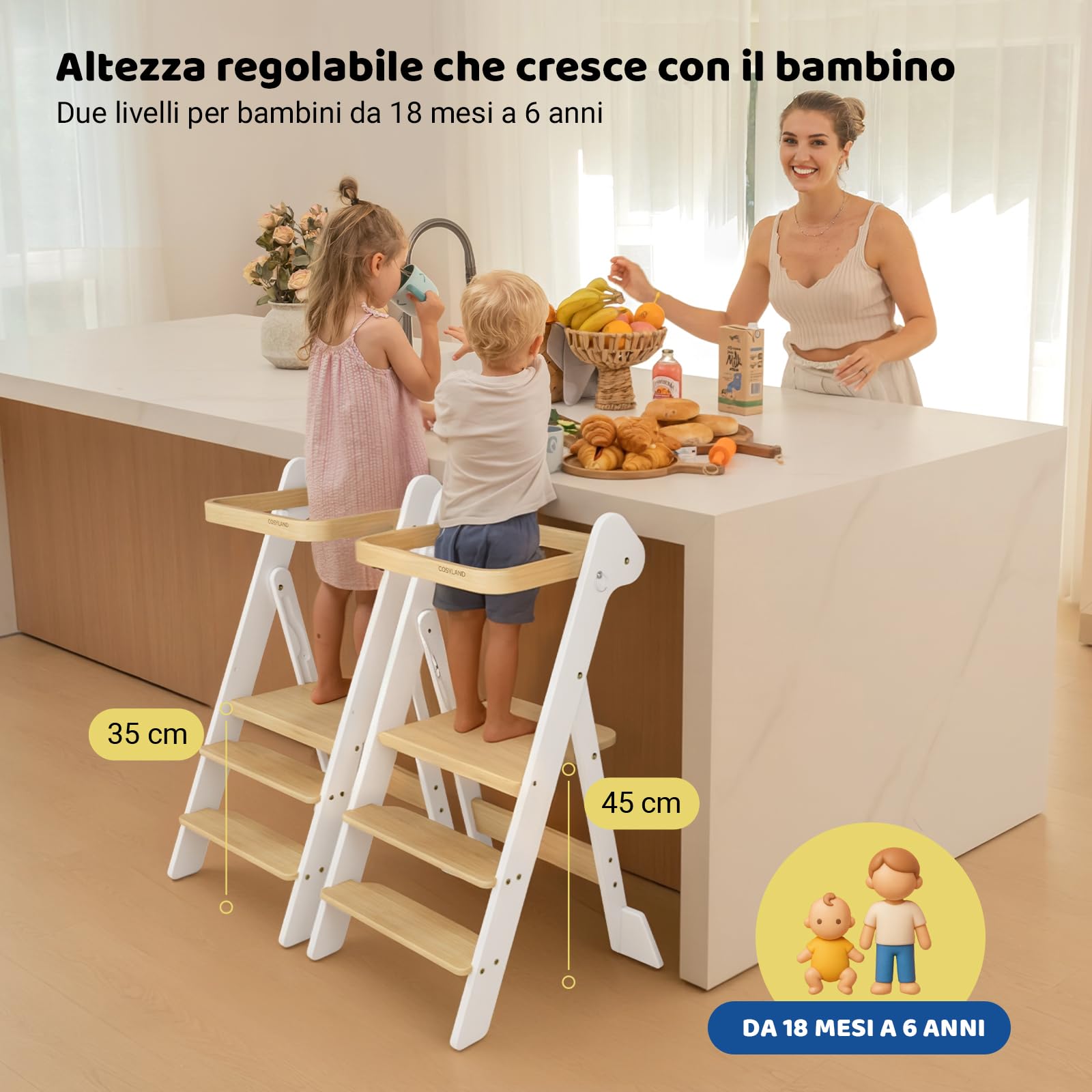 COSYLAND Torre Montessoriana Pieghevole Pre-Assemblata – Torretta Montessoriana Regolabile in Legno, Design Premiato IF, Sicura, Salvaspazio e Adatta ai Bambini 18M-6A (Bianco & Naturale)