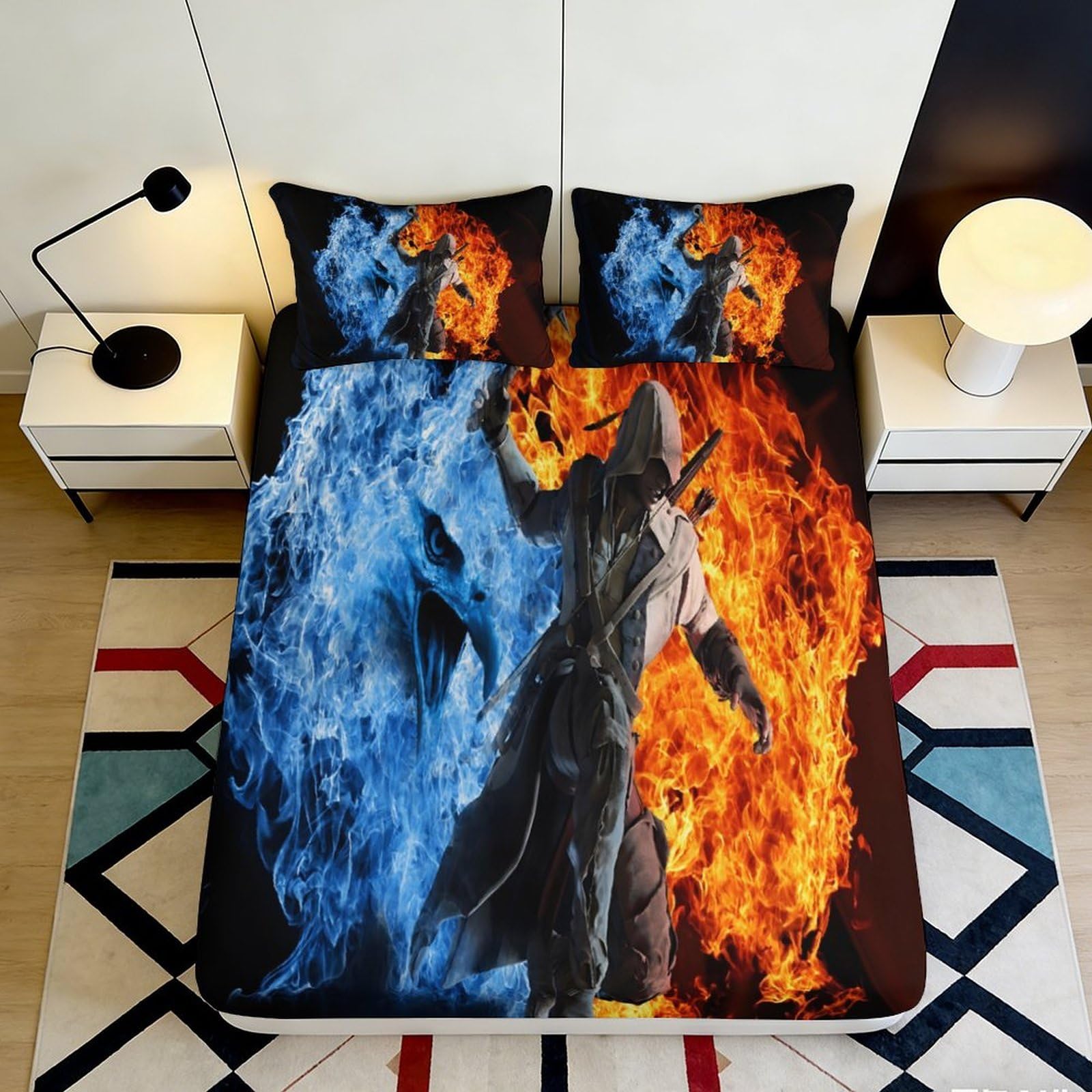 3D Printed Fire and Ice Fitted Sheet Microfiber Mattress Cover Hooded Warrior Blue Red Flames Bedroom Decor 90x200x25cm