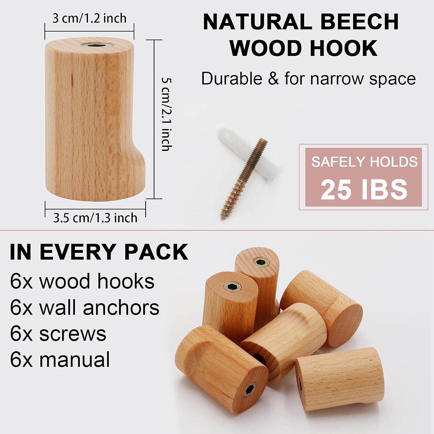 Fadilo Wood Wall Hooks, 6 Pack Wood Hat Hooks for Wall Rack Coat Hooks Wall Mounted Rustic Wooden Hooks Heavy Duty Robe Hook for Hanging Bathroom Towels Clothes Hanger (Beech Wood)