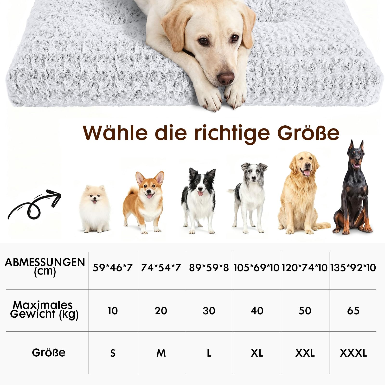 Homaxy Cama para perros grandes, mullida, ergonómica, lavable, con parte inferior antideslizante, para perros grandes, 120 x 74 x 10 cm, color blanco