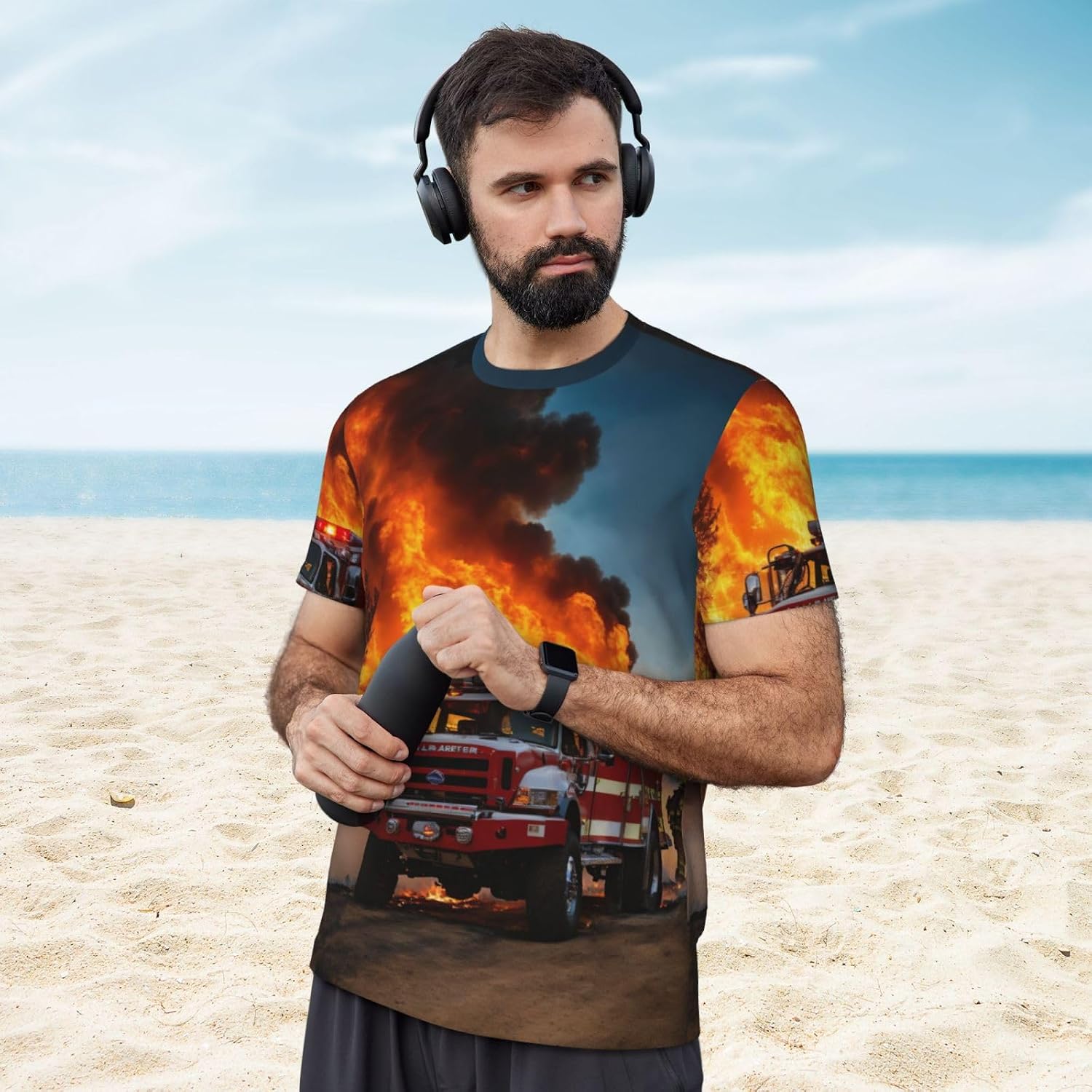 Firefighter Fireman Flame Print Mens Short Sleeve Mesh T-Shirt Breathable Athletic Gym Running Casual Sports Wear