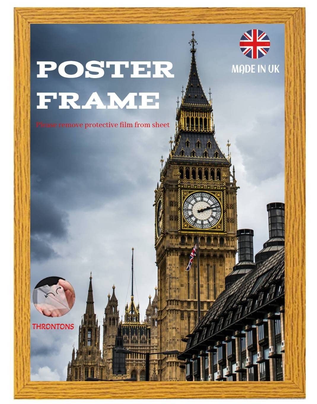 Throntons Oak Wall Mounted Photo Frame 61x91.5 cm Poster Print with MDF backboard Vertically or Horizontally Display Clear Styrene Sheet Decor Certificate Frame