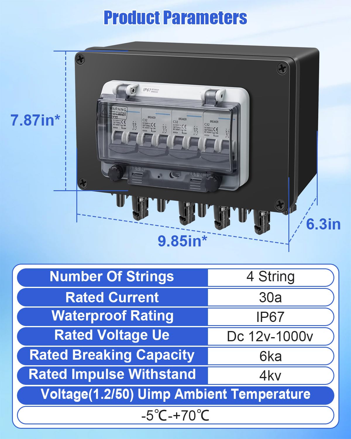 Solar Panel Disconnect Switch 4 String 32 Amp DC Circuit Breaker Box, Waterproof IP67 Solar Combiner Box with MC4 Connectors for Grid-Connected and Off-Grid Systems, 4 in 4 Out