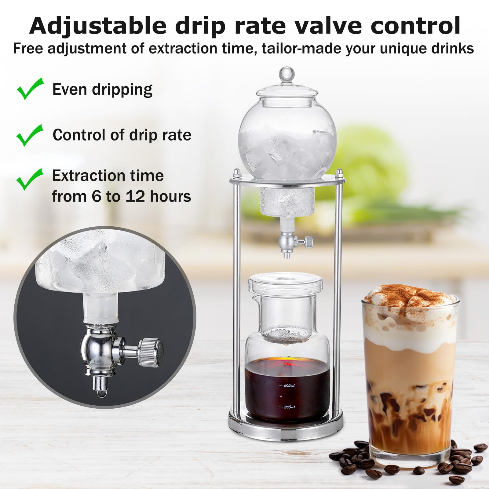 Ice Cold Brew Dripper Coffee Maker, Macchina caffè americano,Cold Brew Drip Tower 600ml Riutilizzabile Filtraggio in Vetro Supporto in Acciaio Inossidabile Trasparente DIY Ice Coffee Brew Tower