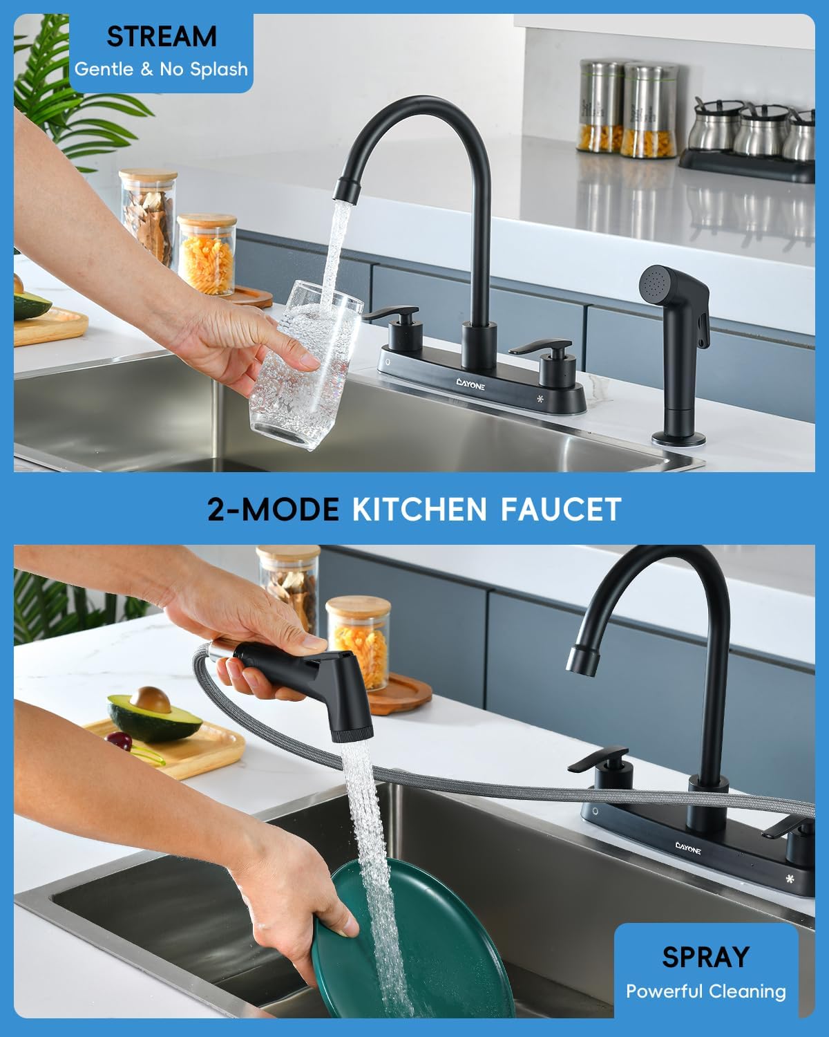 DAYONE Black Kitchen Faucet 2 Handles with Side Separate Sprayer, Matte Black Kitchen Sink Faucet High Arc Stainless Steel, 4 Holes Centerset Faucet for Kitchen Rv Laundry Bar, with Supply Lines - Image 3