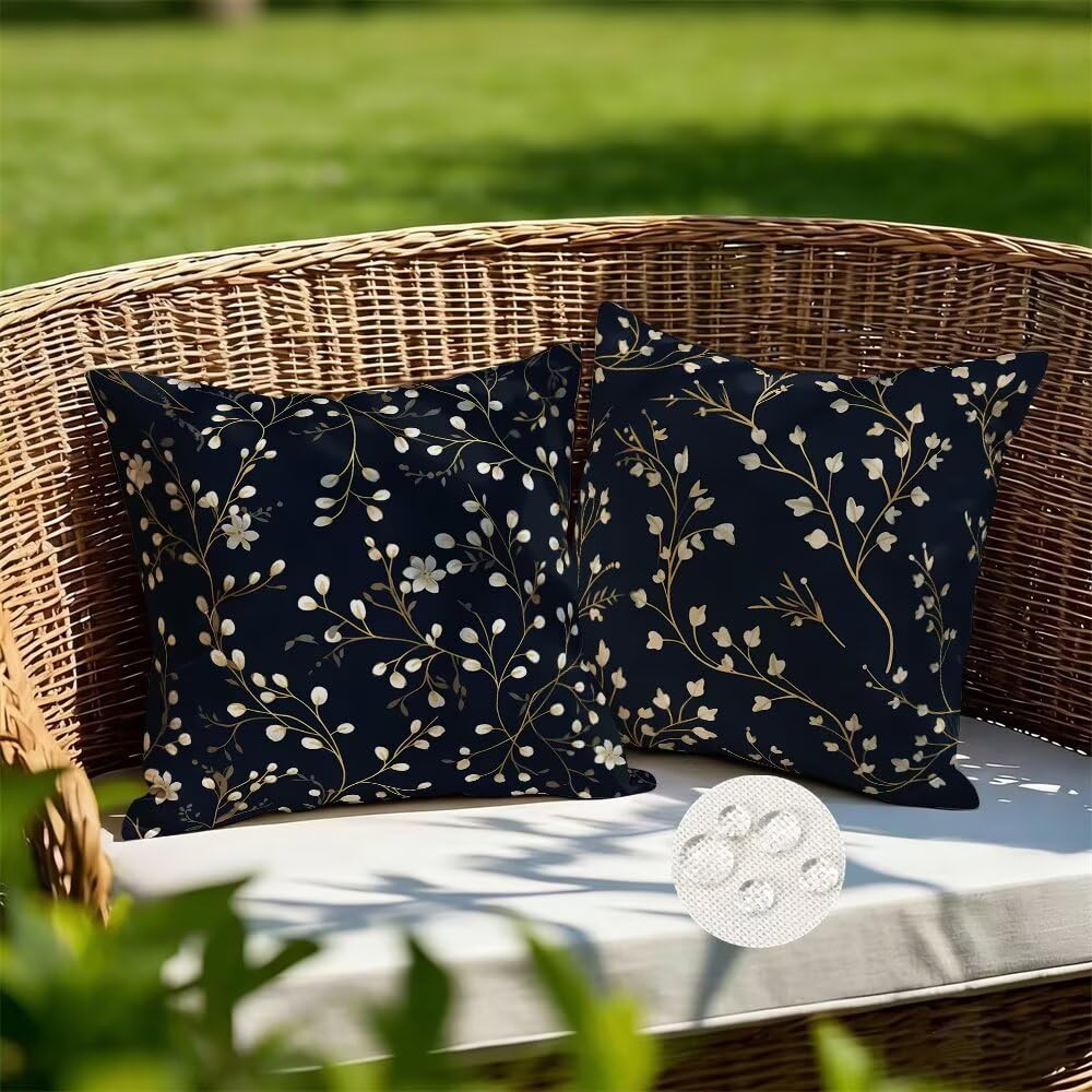 Federe Cuscini da Esterno Impermeabili 65x65 Blu Navy Copri Cuscini per Divano Floreale Federa Cuscino Primavera Decorativi Copricuscini per Divano Giardino Soggiorno Copricuscino Set di 2 (IU185)