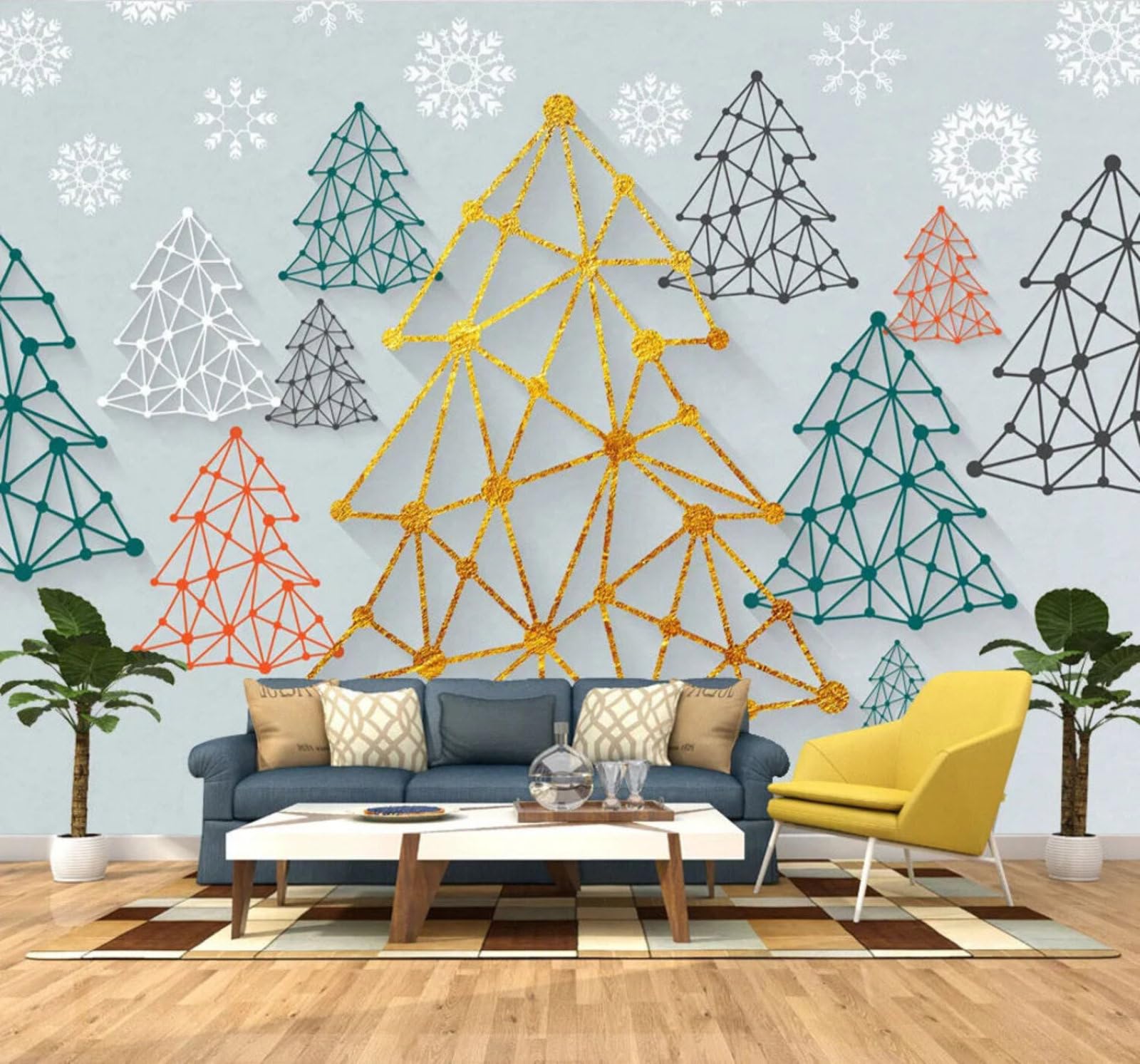 Wallpaper-3D-Xlm 250Cm×170Cm(B×H) Creative Colourful Geometric Trees Snowflakes 3D Wallpaper Easy Install Feature Office Living Room Sofa Bedroom Tv Background Wall Decoration-250Cm×170Cm