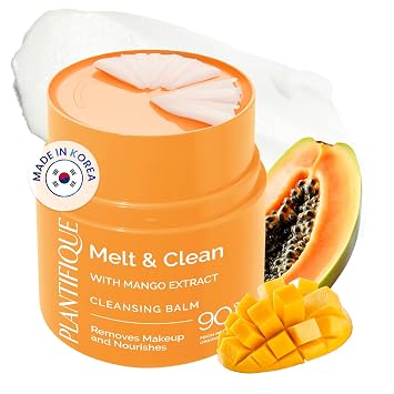 PLANTIFIQUE Korean Cleansing Balm Makeup Remover with Mango, Hyaluronic Acid, and Ceramide - Nourishing Melting Cleanser for All Skin Types, 1.41 oz / 40 g