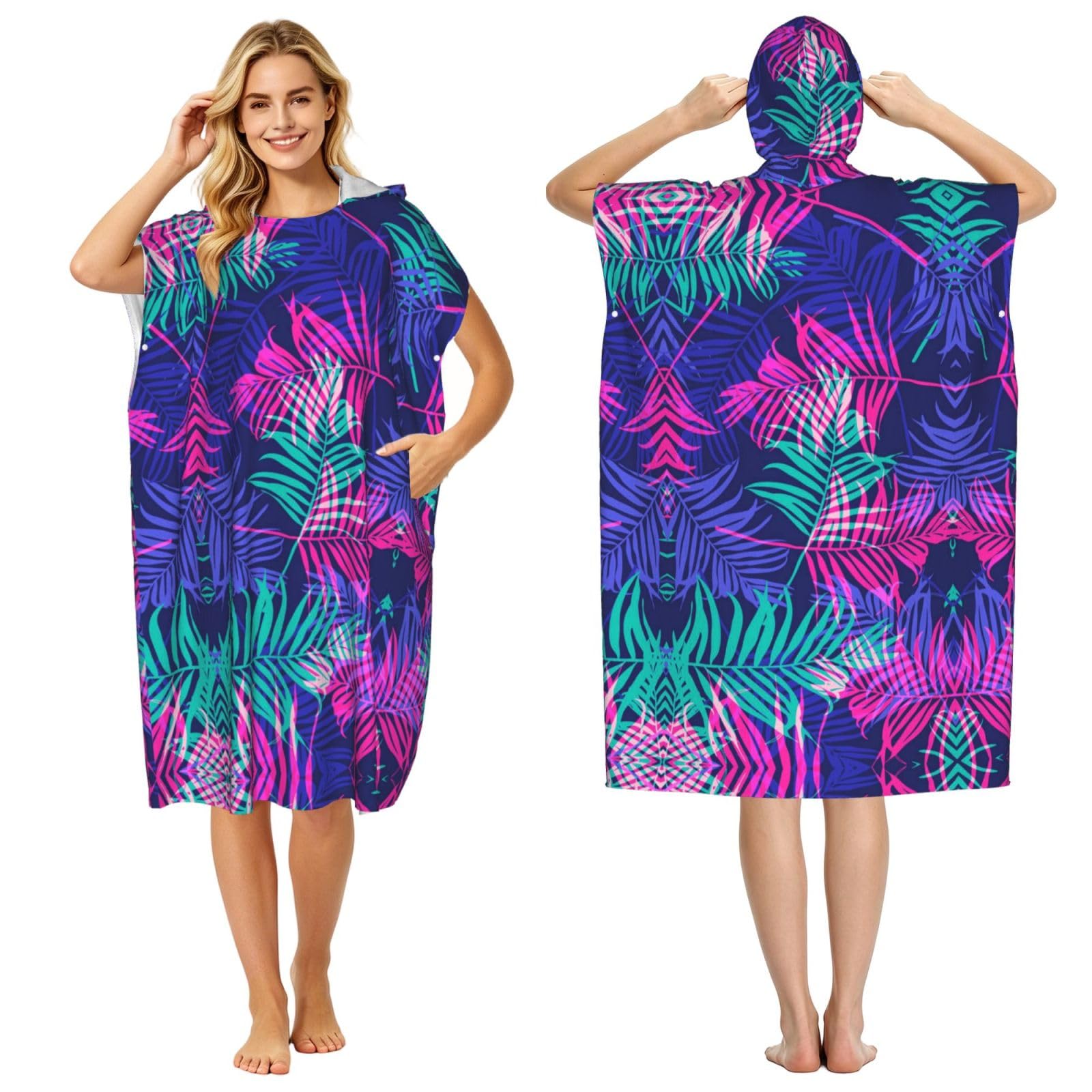 Peignoir à capuche imprimé feuilles colorées pour adulte séchage rapide beach poncho