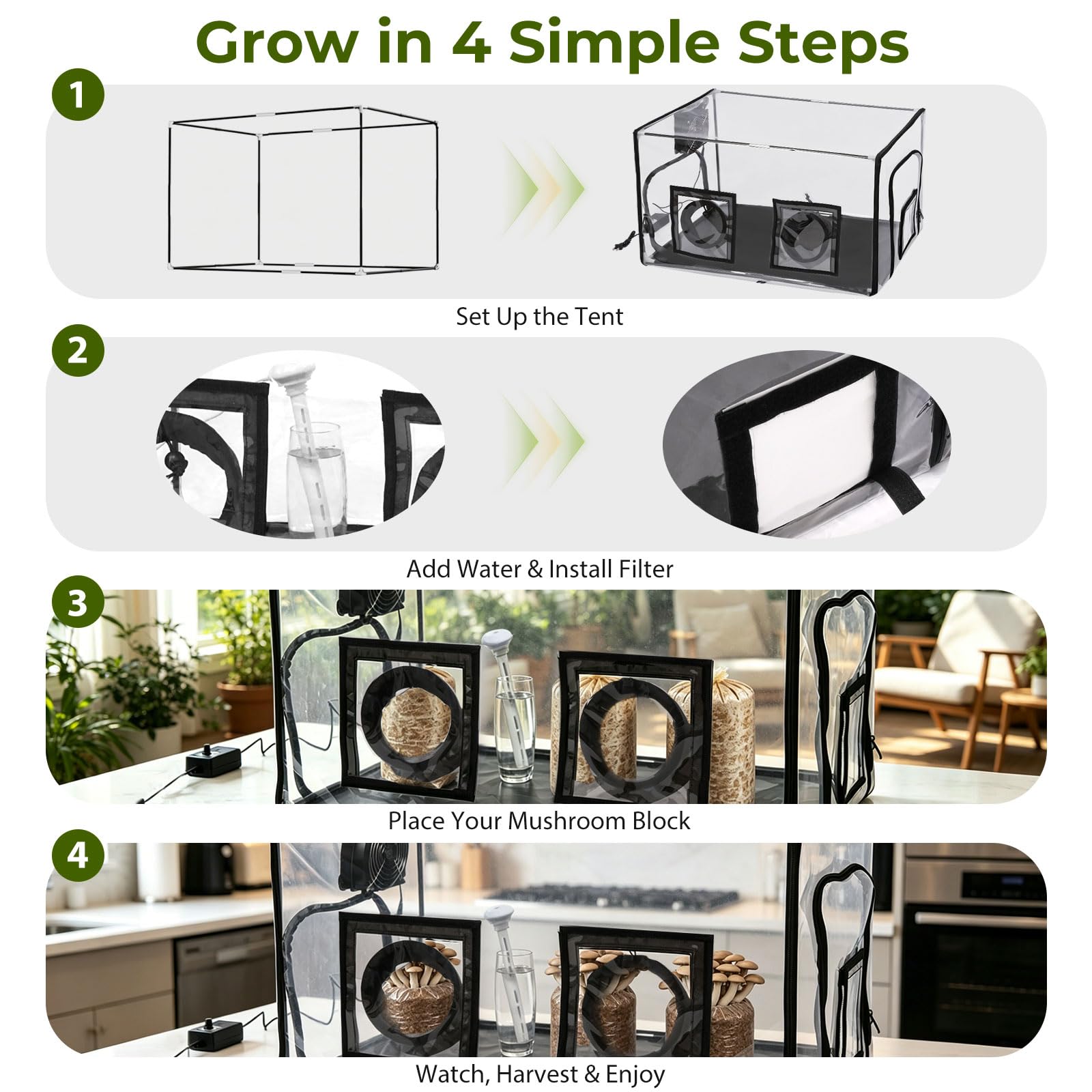 Kit de tienda de cultivo de hongos premium con humidificador y ventilador, invernadero interior de escritorio con flujo de aire filtrado, ventana ultra transparente sin arrugas para
