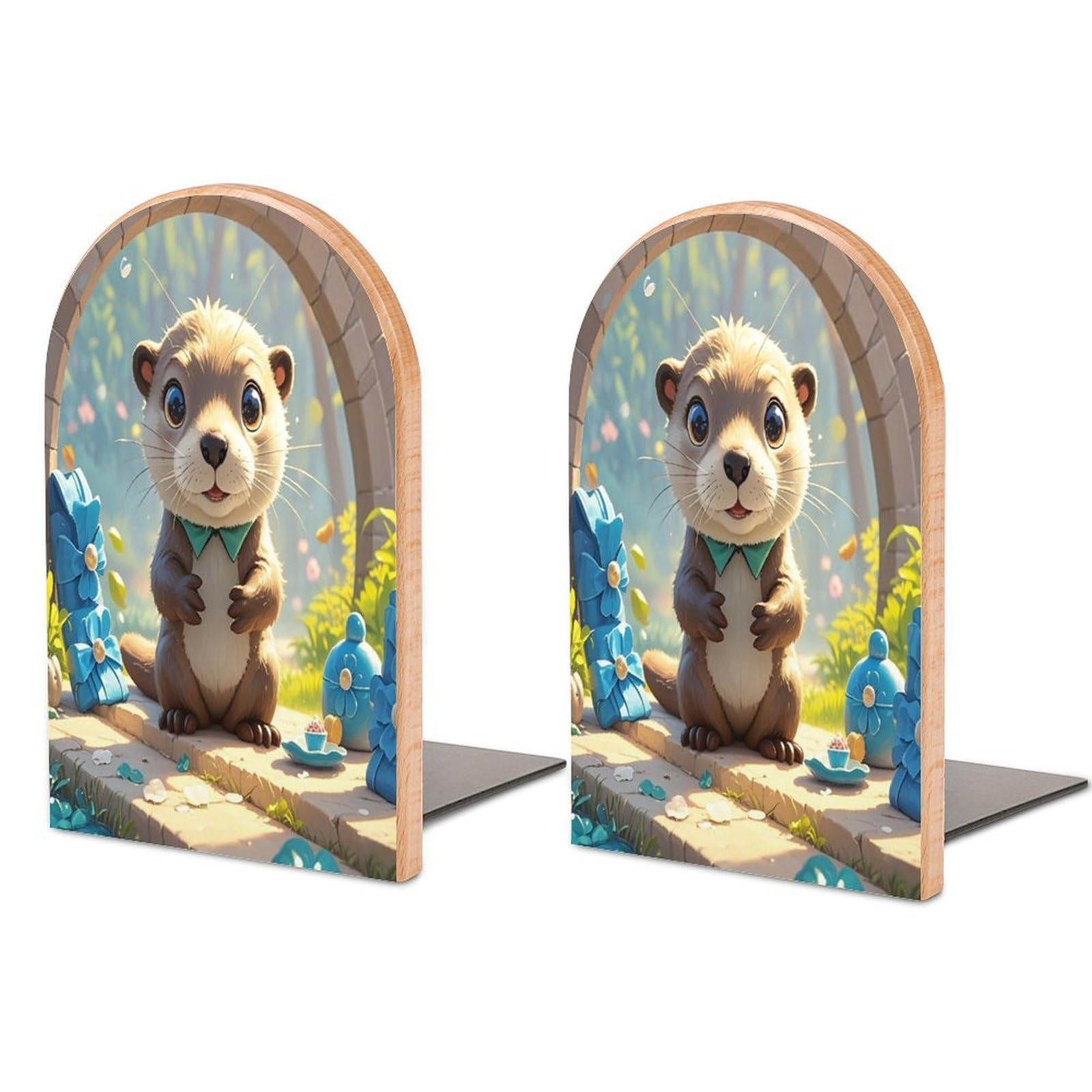 Cute Otter Bookend Non-Skid Wooden Bookends for Shelves Heavy Duty Wood Book Ends Decorative Book Stopper Book Stand Non-Slip Book Organizer for Home Office Library