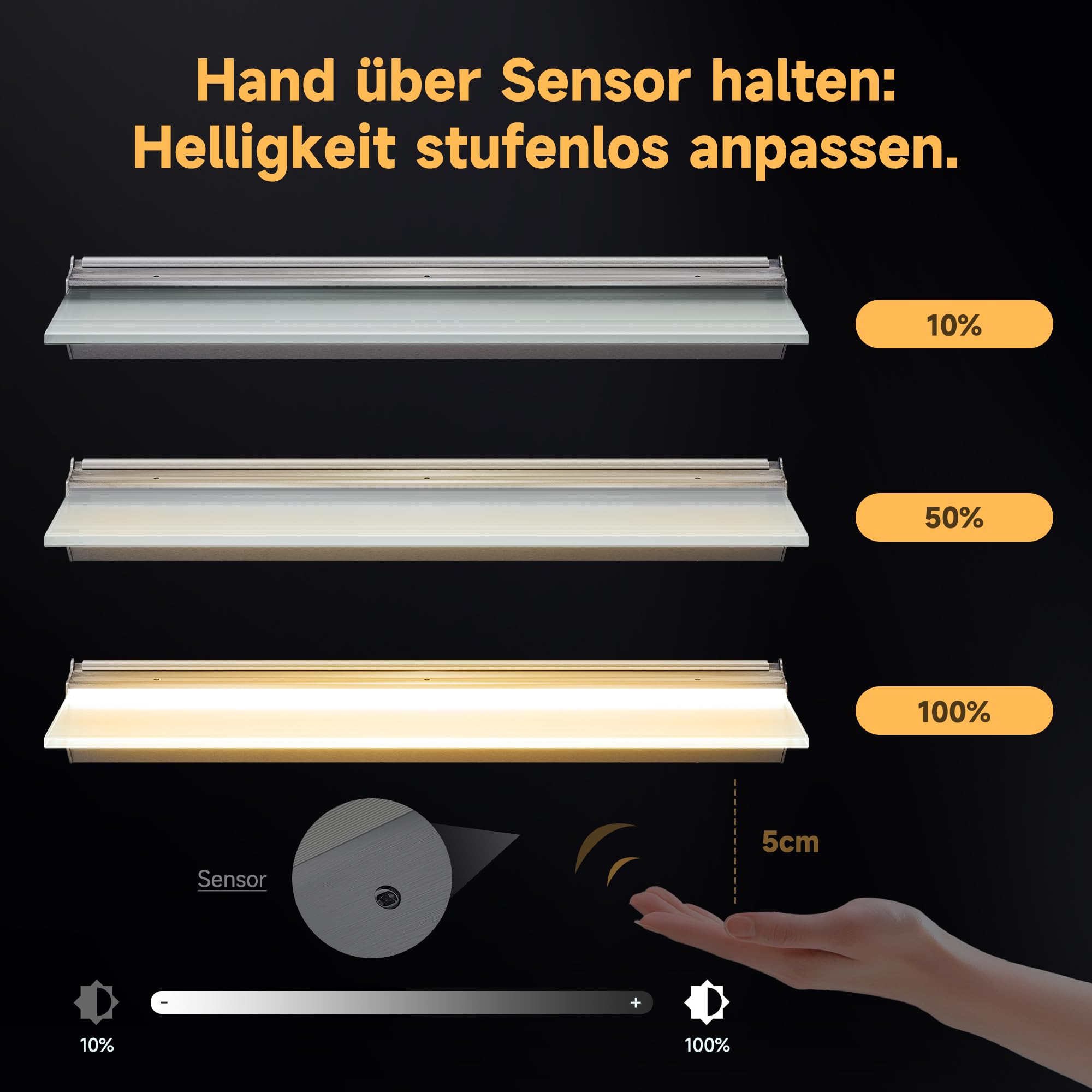 SONNI Regał ścienny LED, 80 cm, ze sterowaniem czujnikiem, 3 temperatury barwowe, bezstopniowe ściemnianie, 8 mm, hartowane szkło matowe i aluminium, do łazienki, sypialni, salonu