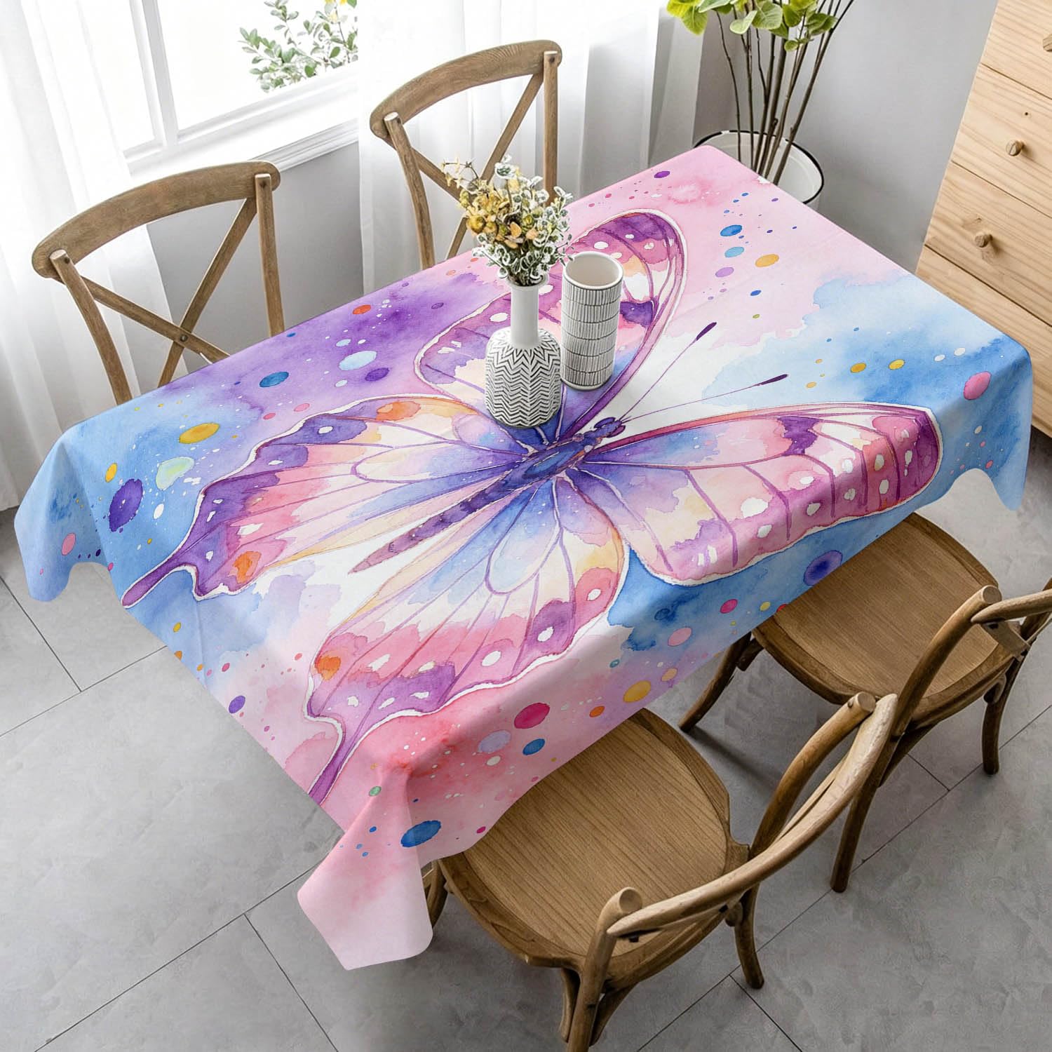 Tovaglia Rettangolare 140x300 cm Farfalle ad Acquerello Poliestere | Motivo Farfalle, Antimacchia, Impermeabile e Lavabile, Copritavolo Adatto per Cucina, Feste e Pranzi Domestici