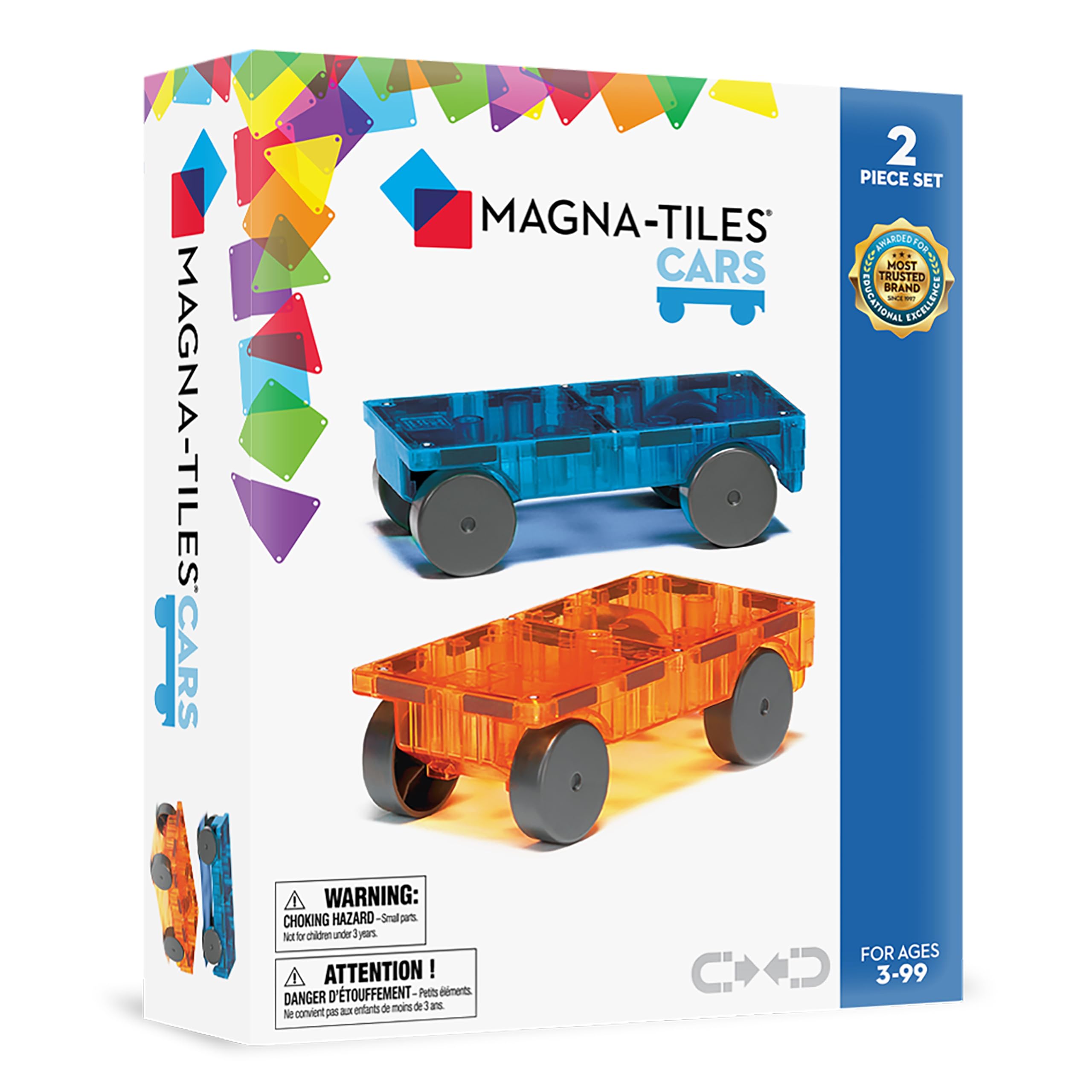 Magna-Tiles Cars – Blue & Orange 2-Piece Magnetic Construction Set, The Original Magnetic Building Brand