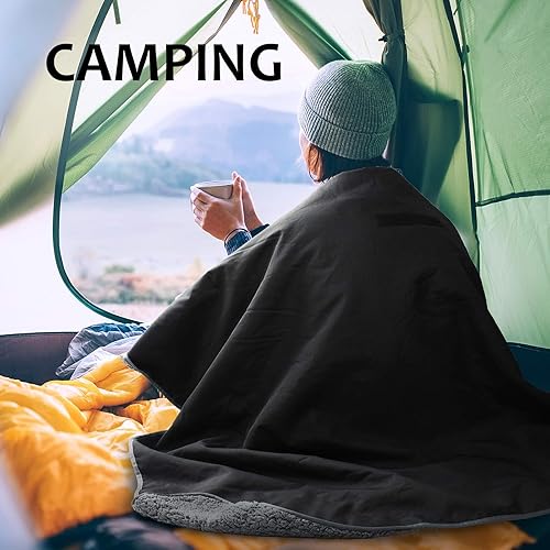 Miniatura 5 de Tirrinia Manta impermeable para exteriores, 51 x 59 pulgadas, tapete de vellón Sherpa para estadio, resistente al viento, para barco, viajes,