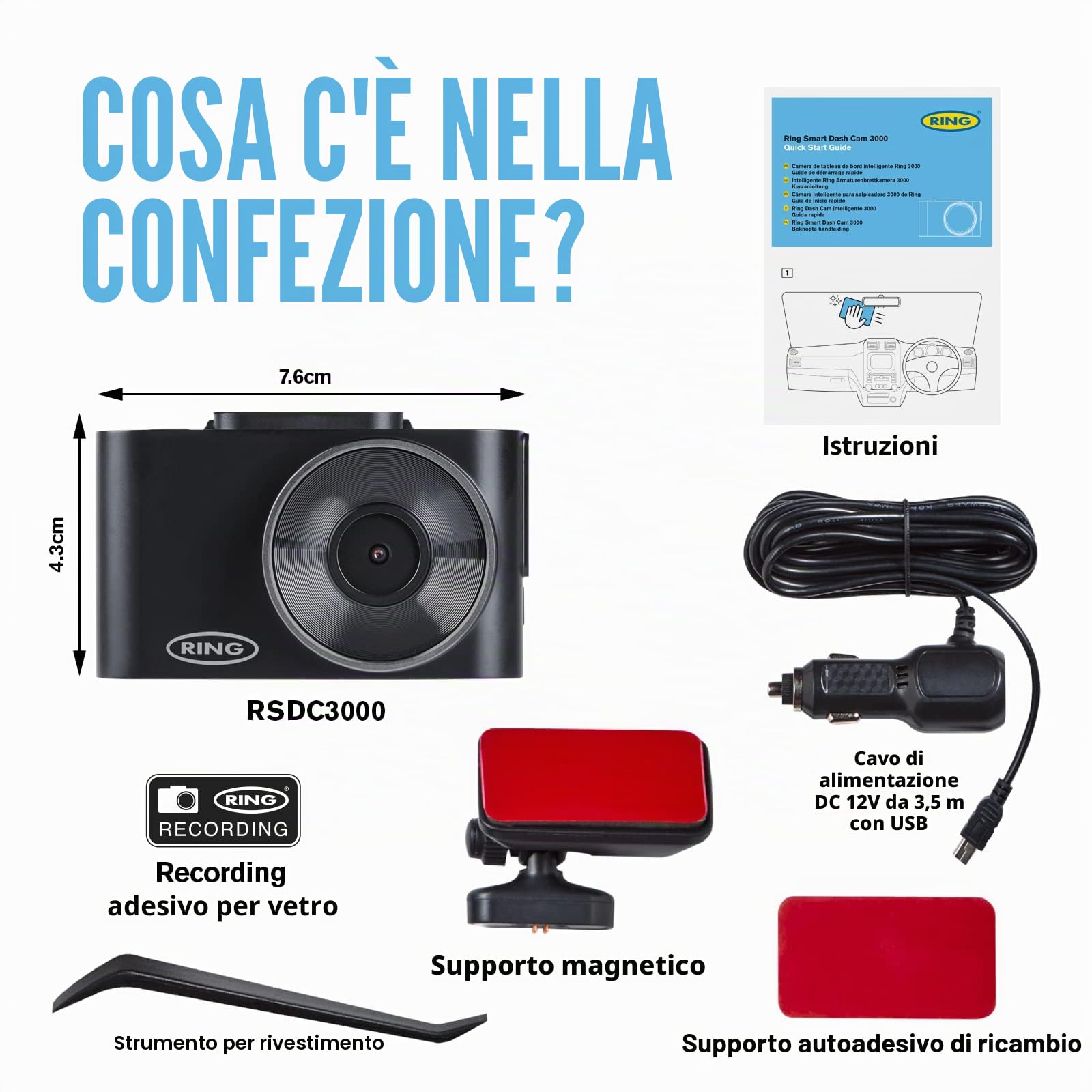 Ring Automotive RSDC3000 Smart Dash Cam con GPS WiFi Full HD 1296p 30fps 2.0" Screen G-Sensor Ring Connect App fotocamera anteriore auto dashcam compatibile posteriore, nero