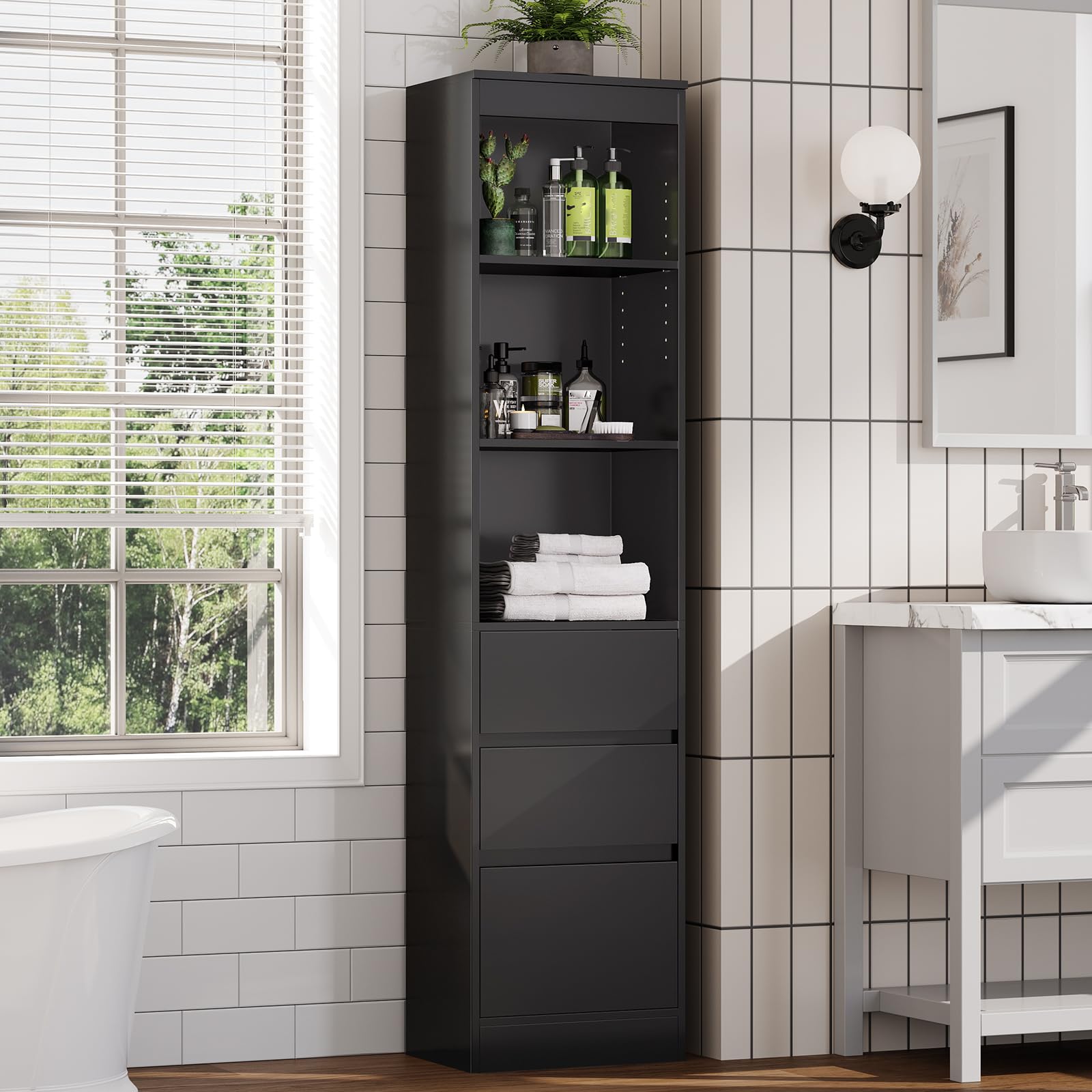 Badezimmerschrank Hochschrank 180x40x30cm Badschrank schmaler mit 3 Schubladen Standregal mit verstellbaren Regalen für Badezimmer, Wohnzimmer, Schlafzimmer (Schwarz)