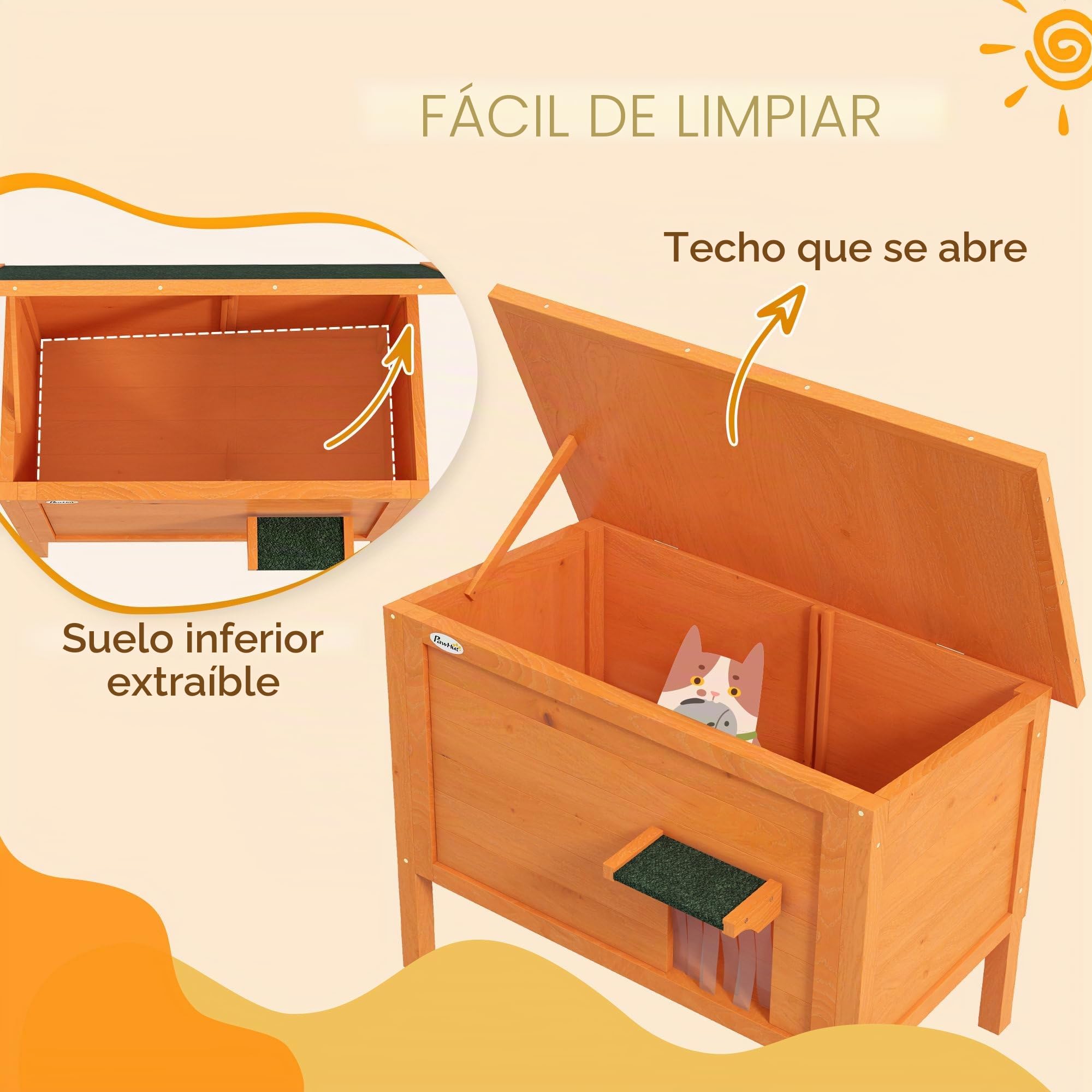 PawHut Casa de Madera para Gatos, Cueva Exterior Aislada Con Cortina en la Puerta, Casita para Animales en Diseño Elevado, para Jardín, Balcón, Naranja, 60 x 60 x 81,5 cm | Caseta para gatos con techo de asfalto, patas de suelo, cueva para gatos, para ext