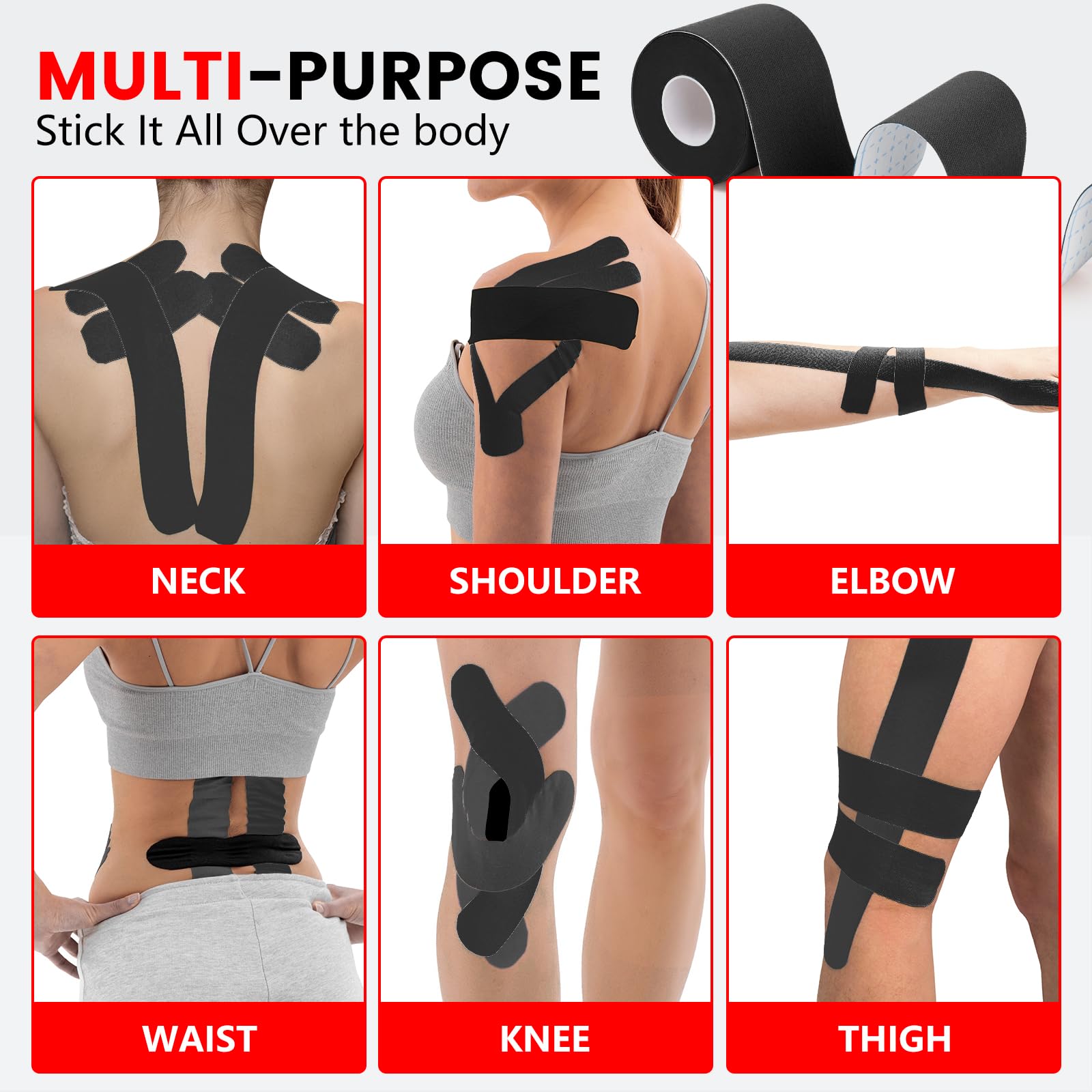 16 Rolls Kinesiology Tape, 2 inch x 16.4 Feet Waterproof Athletic Tape, Uncut Kinetic Tape, Elastic Muscle Tape, Sports Tape, Knee Tape for Exercise and Daily Use - Black