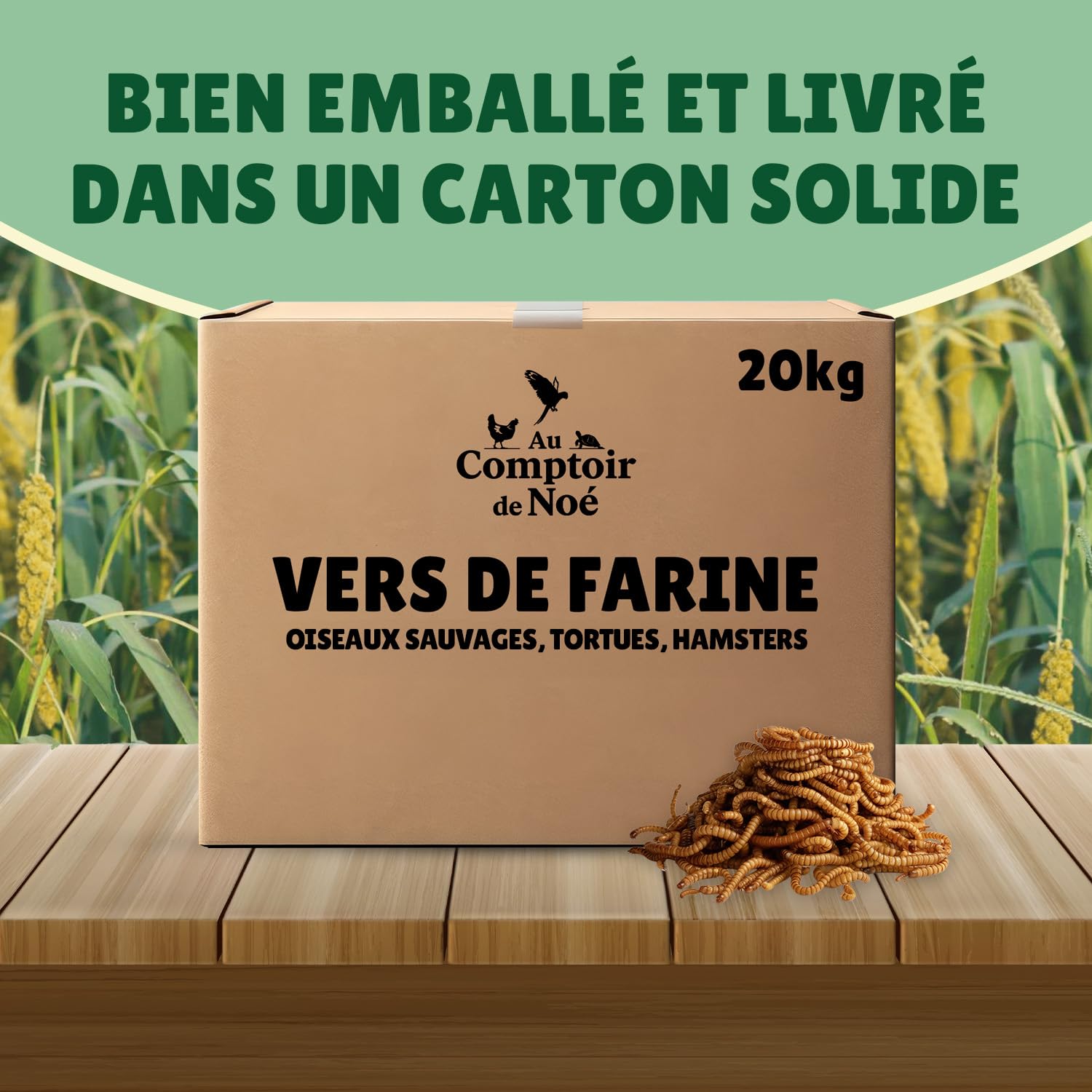vers de Farine Séchés 20kg Au Comptoir de Noé, 100% Naturel, Riches en Protéines et Bonne Graisse, Alimentation pour Poissons, Oiseaux Sauvages, Tortues, Hérissons, Rongeurs et Reptiles