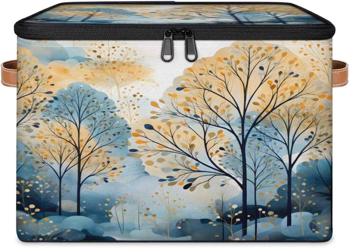 Storage Bin Set of 2 Autumn Trees Storage Basket with Zipper Lid & Handle Foldable Closet Shelf 2 Pack Cloth Organizer Basket Cube Bins Clothes Organizer for Bedroom, Nursery