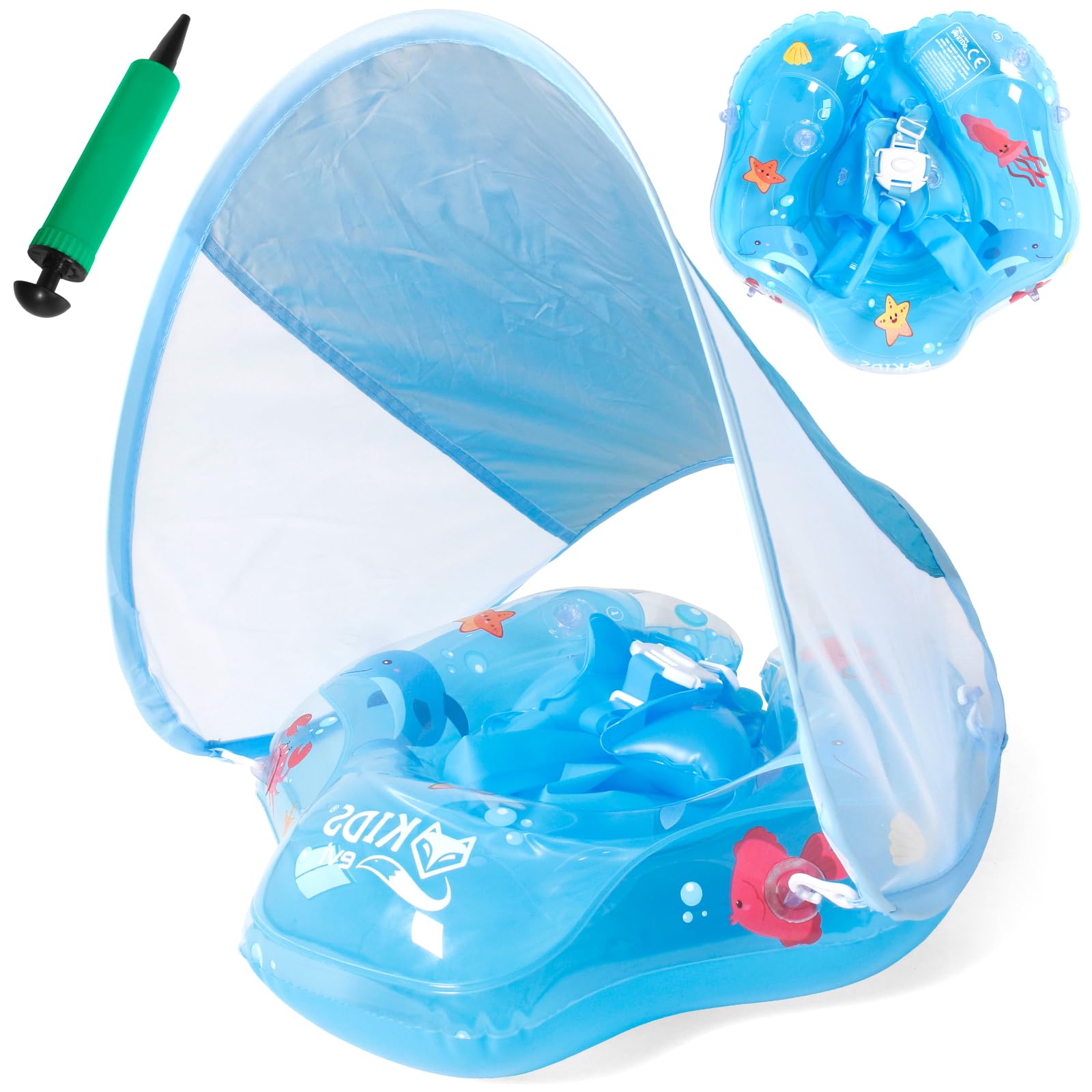 Piscina Salvagente Bambini Gonfiabile, Salvagente Neonato 1-3 anni, Salvagentes Neonato con Parasole e Seggiolino di Sicurezza, Anello di Nuoto Bambini UPF50+ Protezione UV(Blu)