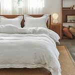 Simple&Opulence 100% Linen Duvet Cover Set 3pcs Stone Washed Embroidery Border Solid Color French Flax Soft Breathable Bedding with Button Closure (King, Dusty Blue)