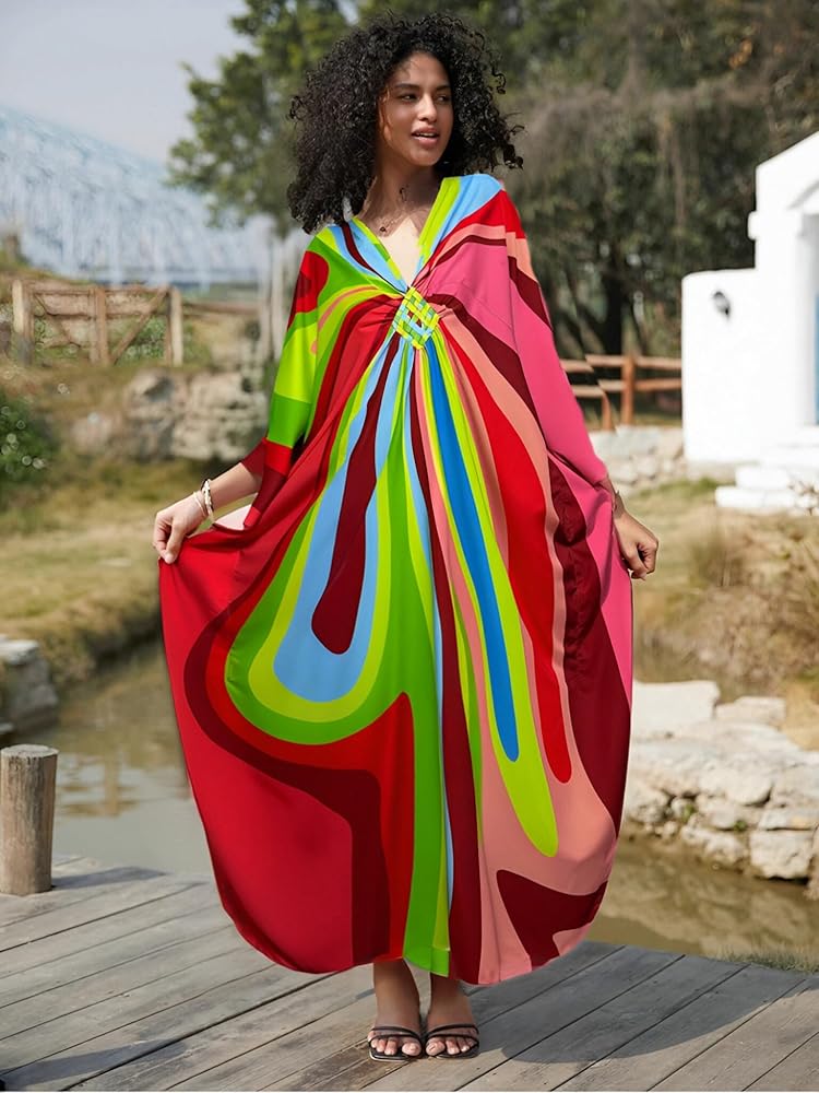 Mrs. Roper Rainbow Print Kaftan Dresses - Women's Wave Neck