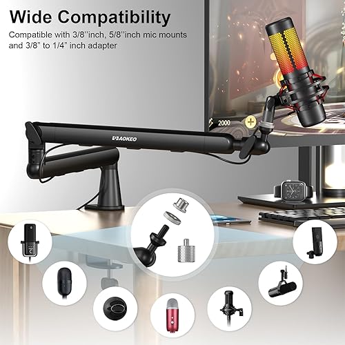 Miniatura 6 de Brazo de micrófono, Aokeo AK-55 escritorio de perfil bajo ajustable, soporte de brazo de micrófono, adecuado para Blue Yeti, Snowball iCE, HyperX