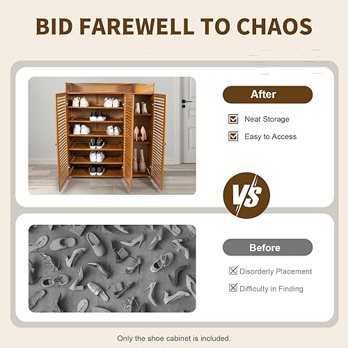 Vista 6 de Zapatero de bambú con puertas, zapatero de alta capacidad de 7 niveles, organizador independiente de almacenamiento de zapatos a prueba de humedad