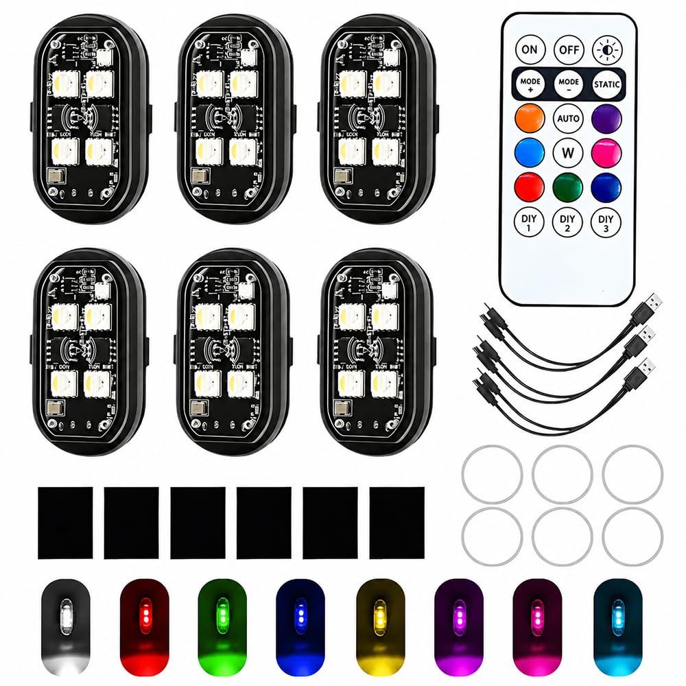 Wireless Led Strobe Light, 6 Pcs Drone Flashing Lights, Waterproof Led Drone Strobe Lights with 8 Colors and Remote Controls, Anti-Collision Footwell Strobe Led Lights for Car Motorcycle Scooter