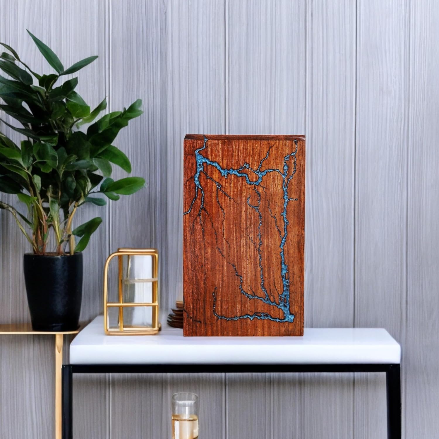 Unique Wooden Urn for Human Ashes Adult Male & Female, Blue Epoxy Resin Handmade Keepsake Cremation Urn Box, Decorative Burial & Funeral Urn with Secured Lid (Small 25 Cu in)