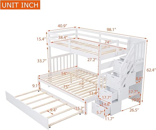 Miniatura 167 de Merax Litera de escalera individual sobre matrimonial con nido, escalera de almacenamiento y barandilla de longitud completa, litera de