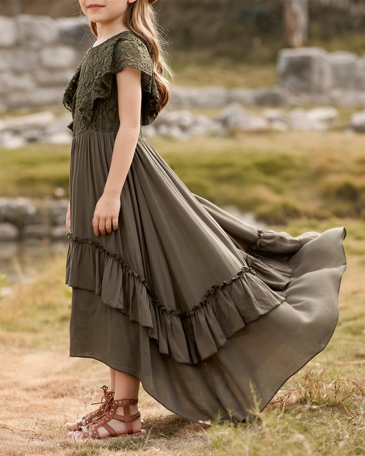 BIBIHOU Girls Lace Dress Boho Backless A Line High Low Hem Party Flower Girl Dress 6-14 Years - Image 2