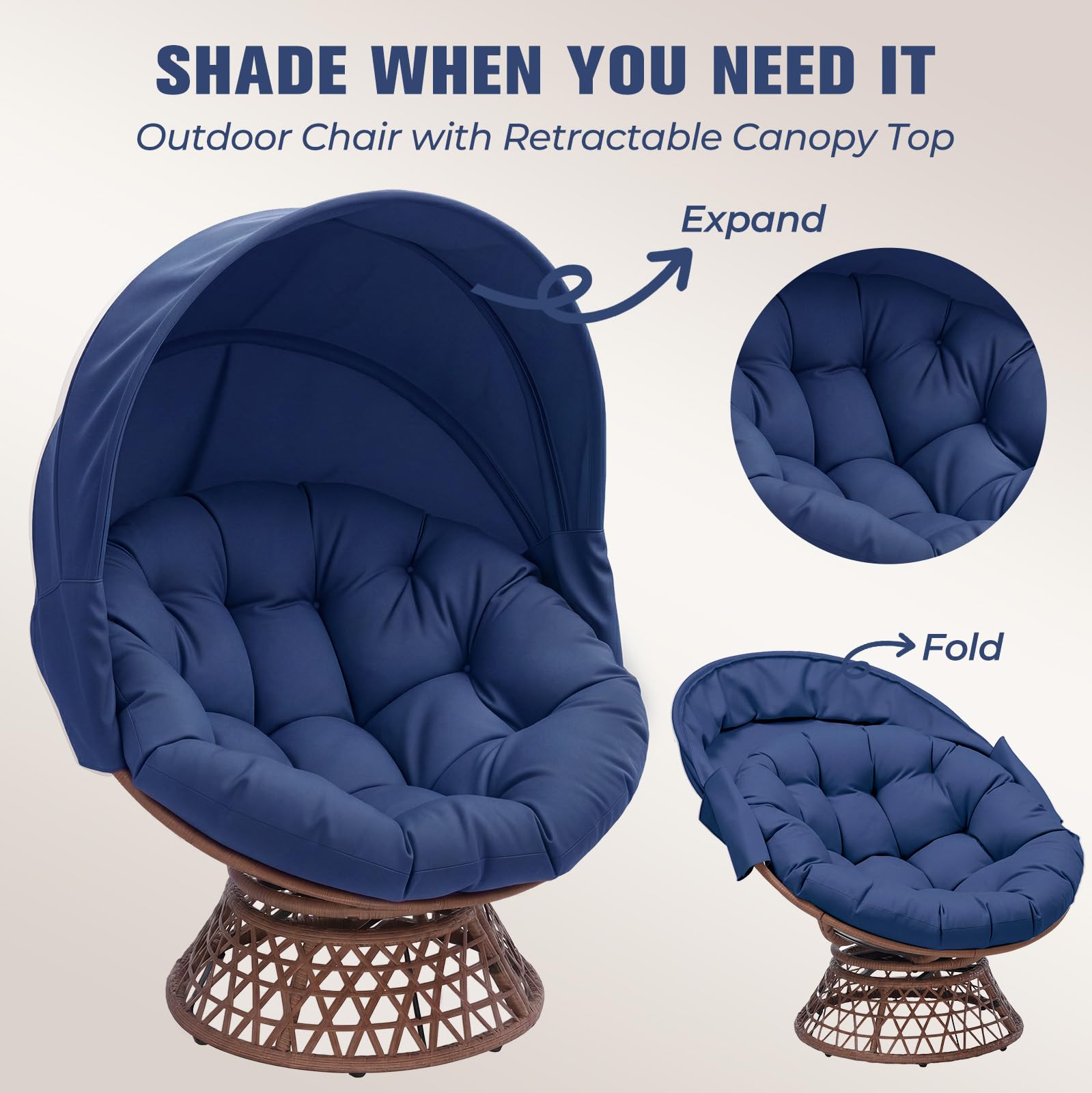 COMHOMA Poltrona da papasan, comoda poltrona girevole con cuscino rotondo, comoda poltrona in rattan, girevole, in vimini, per soggiorno, angolo lettura, lounge – blu
