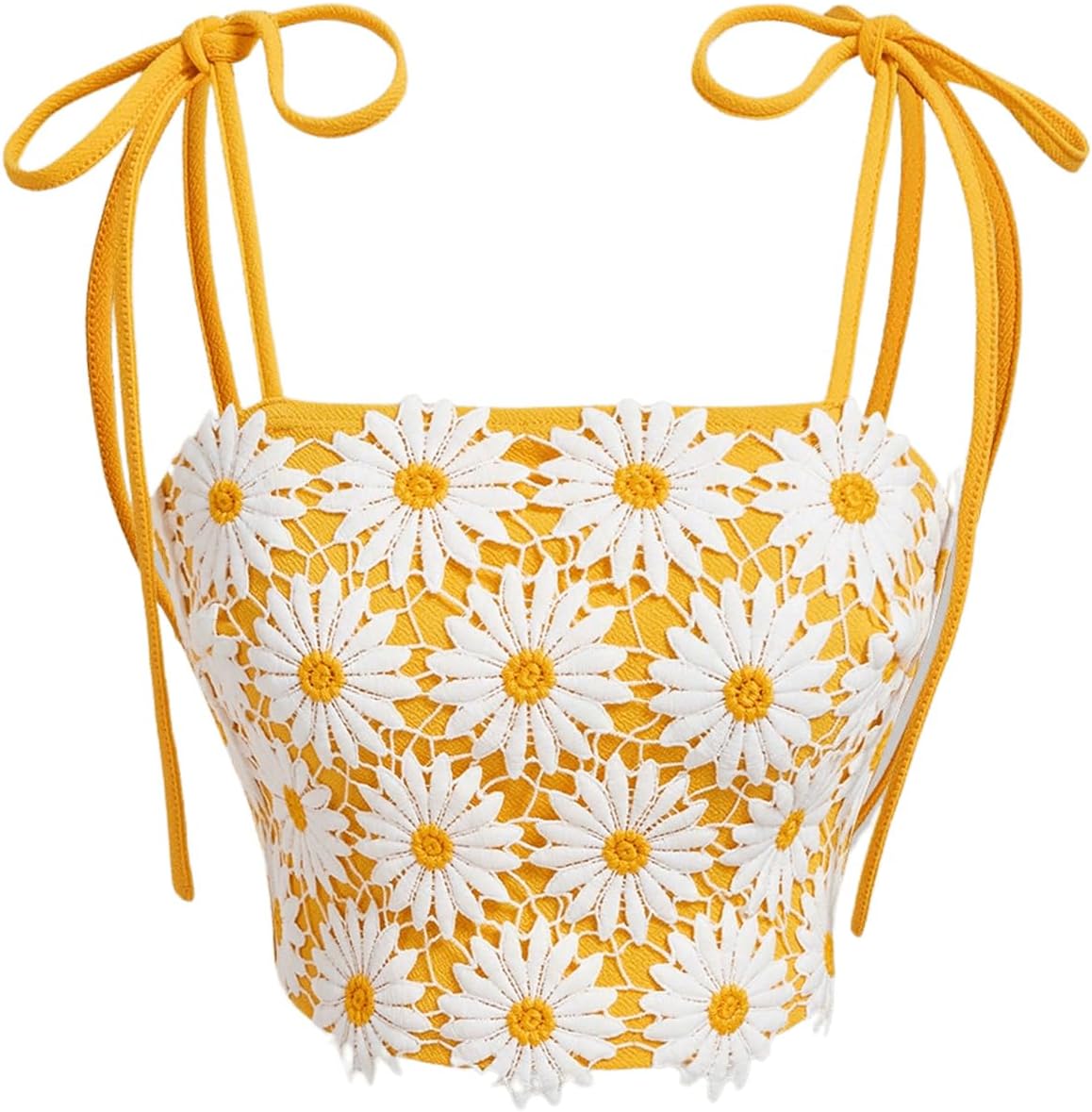 WDIRARA Women's Boho Daisy Floral Guipure Crop Top 3D Flower Tie Shoulder Square Neck Cute Cami Top