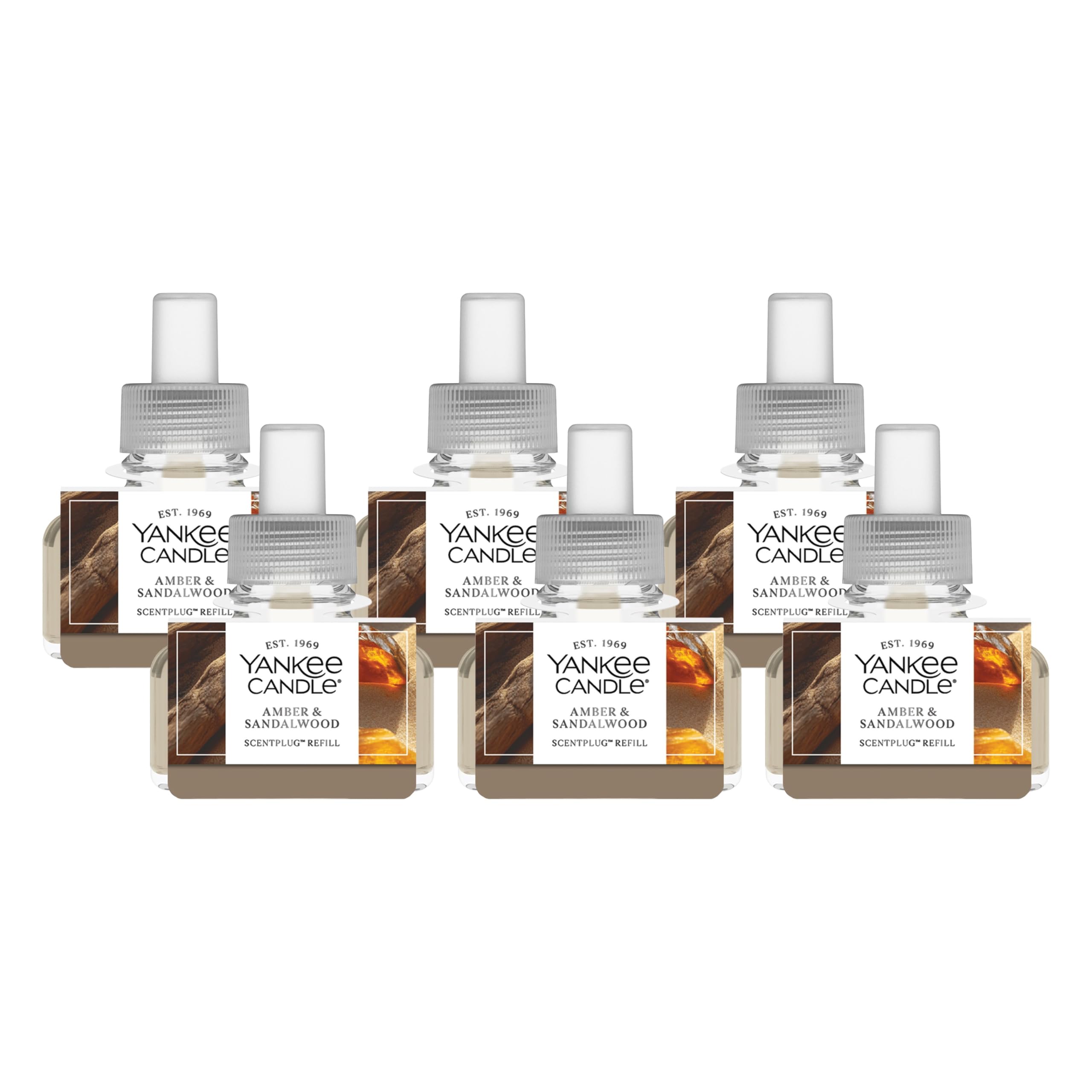 Yankee Candle ScentPlug Refill for Plug in Air Fresheners, Scented Oil Refills, Long Lasting Home Fragrance, Amber &amp; Sandalwood (Pack of 6)