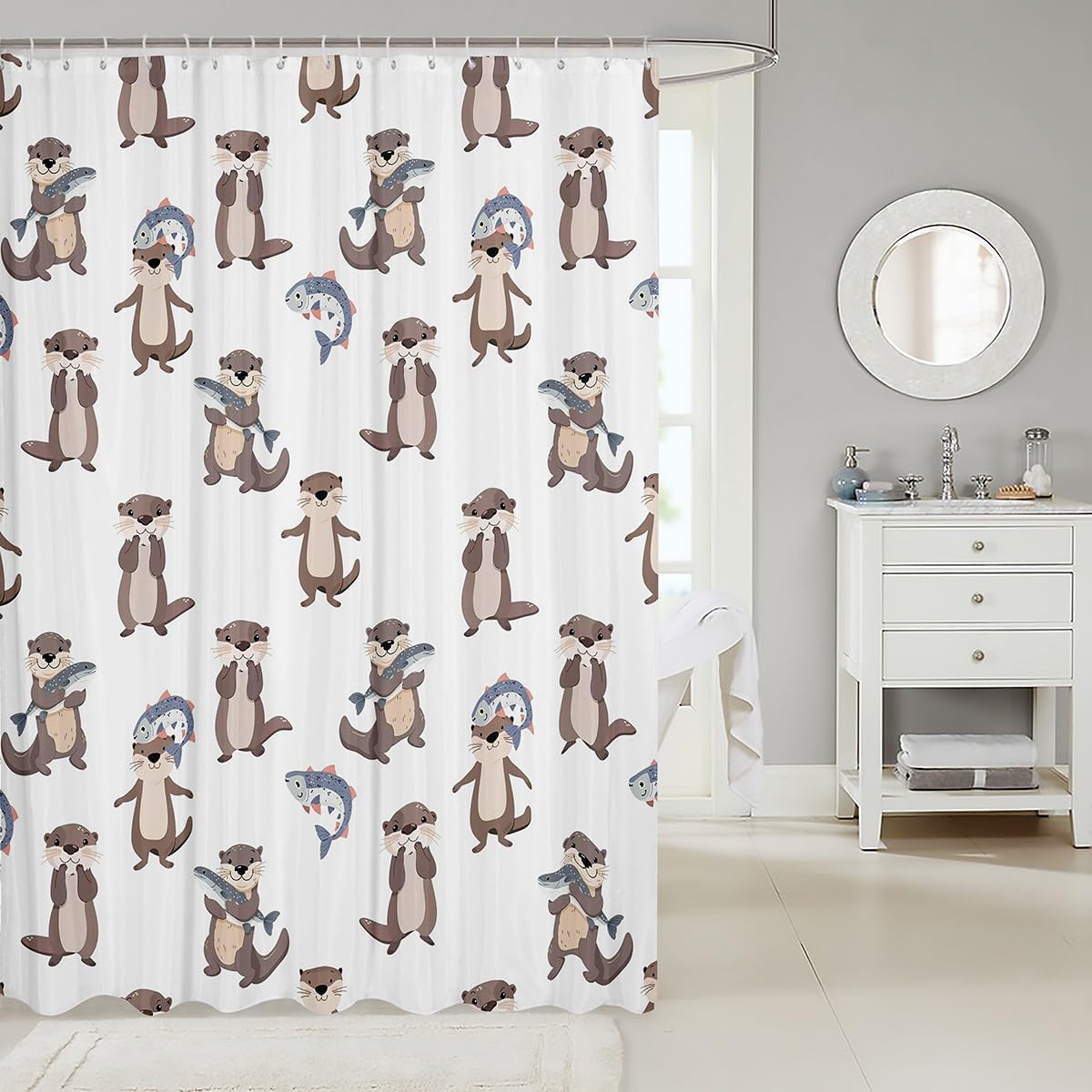 Feelyou Cute Sea Otter Bathroom Shower Curtain Sets Kids Cartoon Underwater Animal Fish Shower Curtain Boys Girls Kawaii Decor Bath Curtain Cloth Fabric White Bathroom Accessories 72"x84"