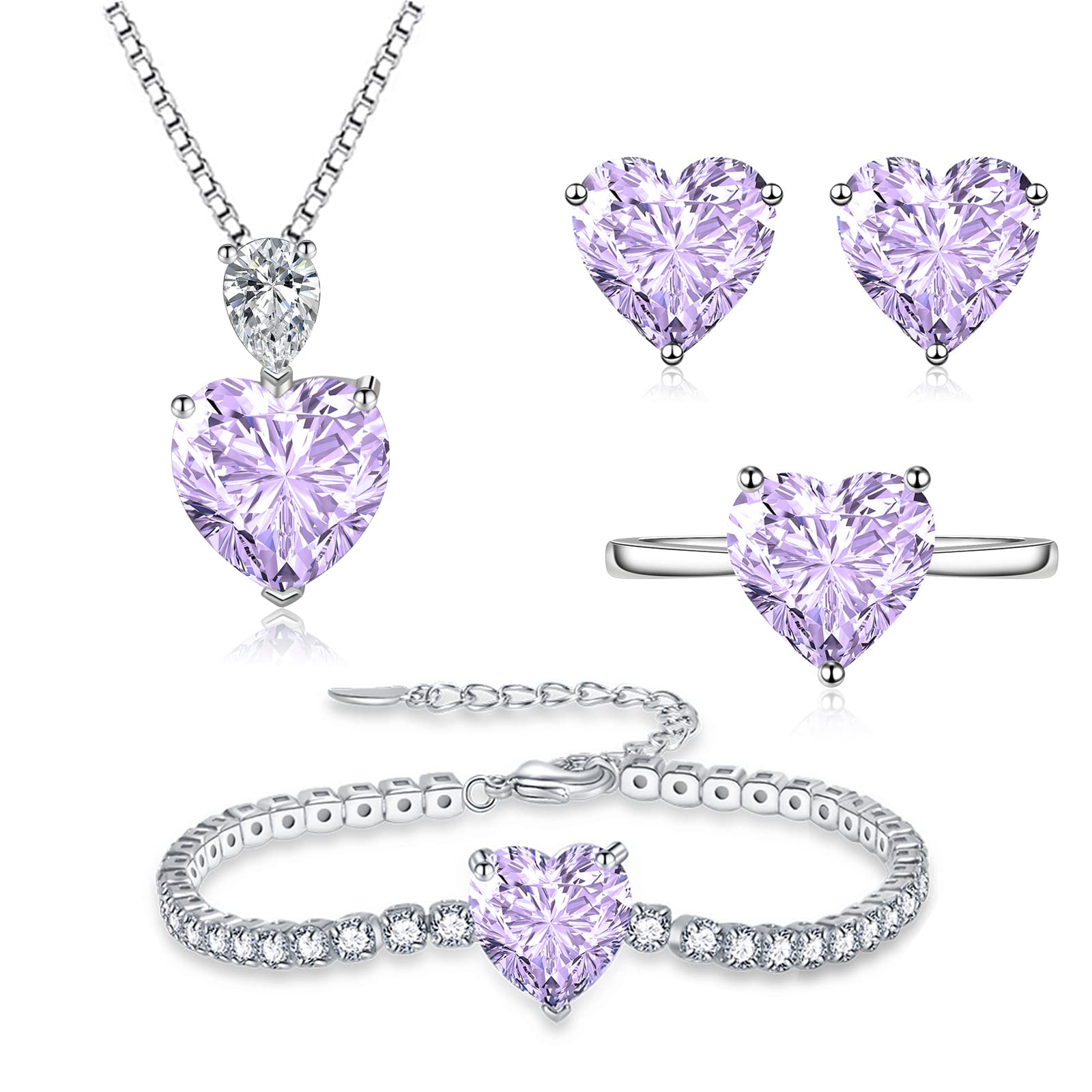 Juego de joyas de plata para mujer, 4 unidades, plata de ley 925, corazón, amor, collar, pendientes, pulsera, anillos, colgante con cadena de plata de 45 cm, pendientes y pulsera y anillos con