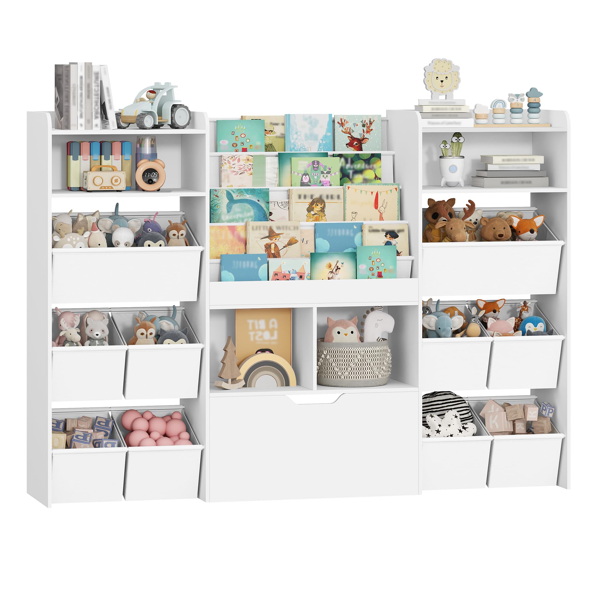 HEXCELEN Meuble Rangement Enfant avec Porte-journaux, Bibliothèque Enfants avec Tiroirs Roulants, 10 Boîtes en Non-tissé, Étagère à Jouets, pour Chambres d'enfants, Bureau, 30 x 140 x 100 cm Blanc