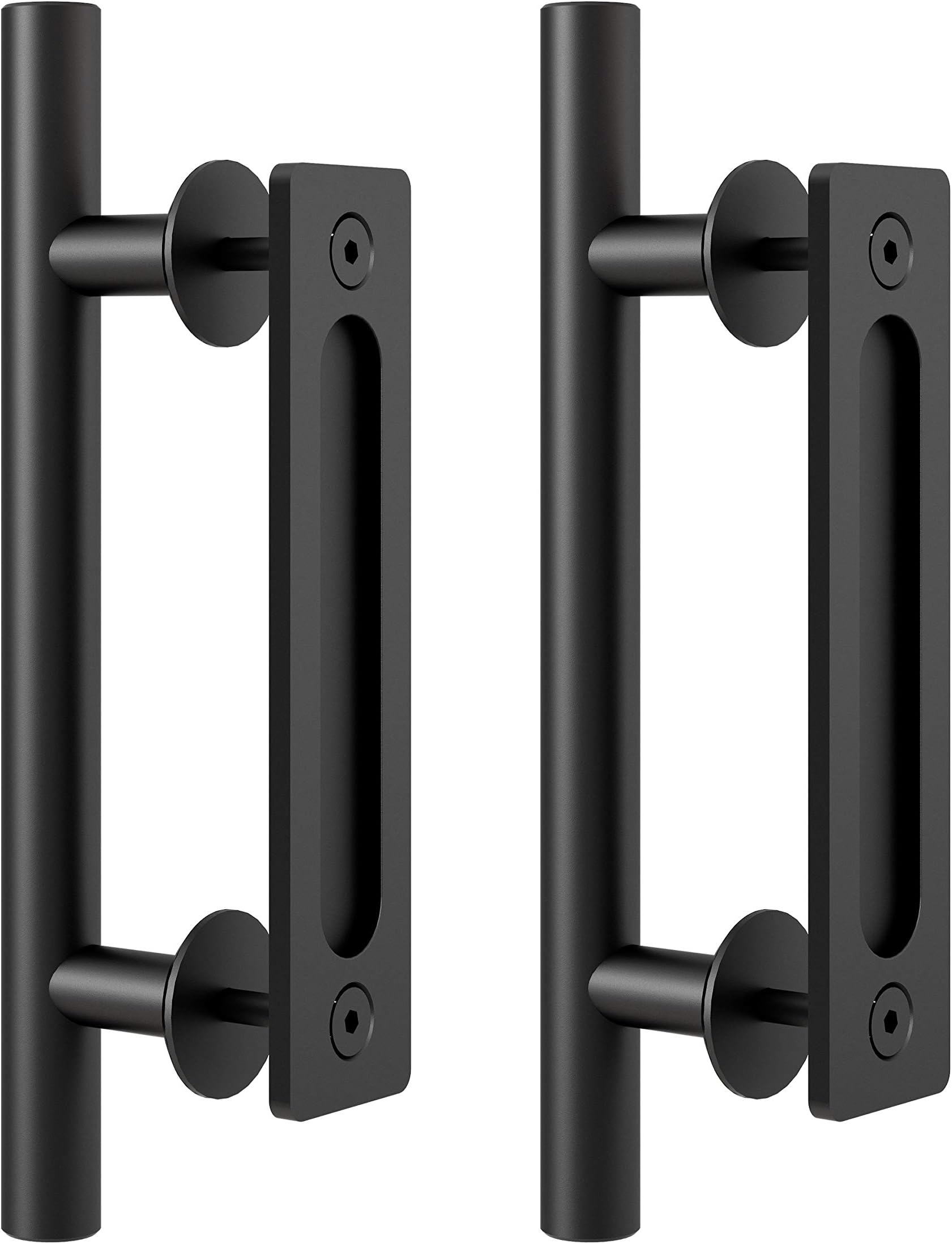 FaithLand 12" Heavy Duty Pull and Flush Door Handle Set in Black, Sliding Barn Door Handle - Fit Doors Up to 2 3/8'' - Pack of 2
