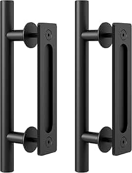 FaithLand 12" Heavy Duty Pull and Flush Door Handle Set in Black, Sliding Barn Door Handle - Fit Doors Up to 2 3/8'' - Pack of 2